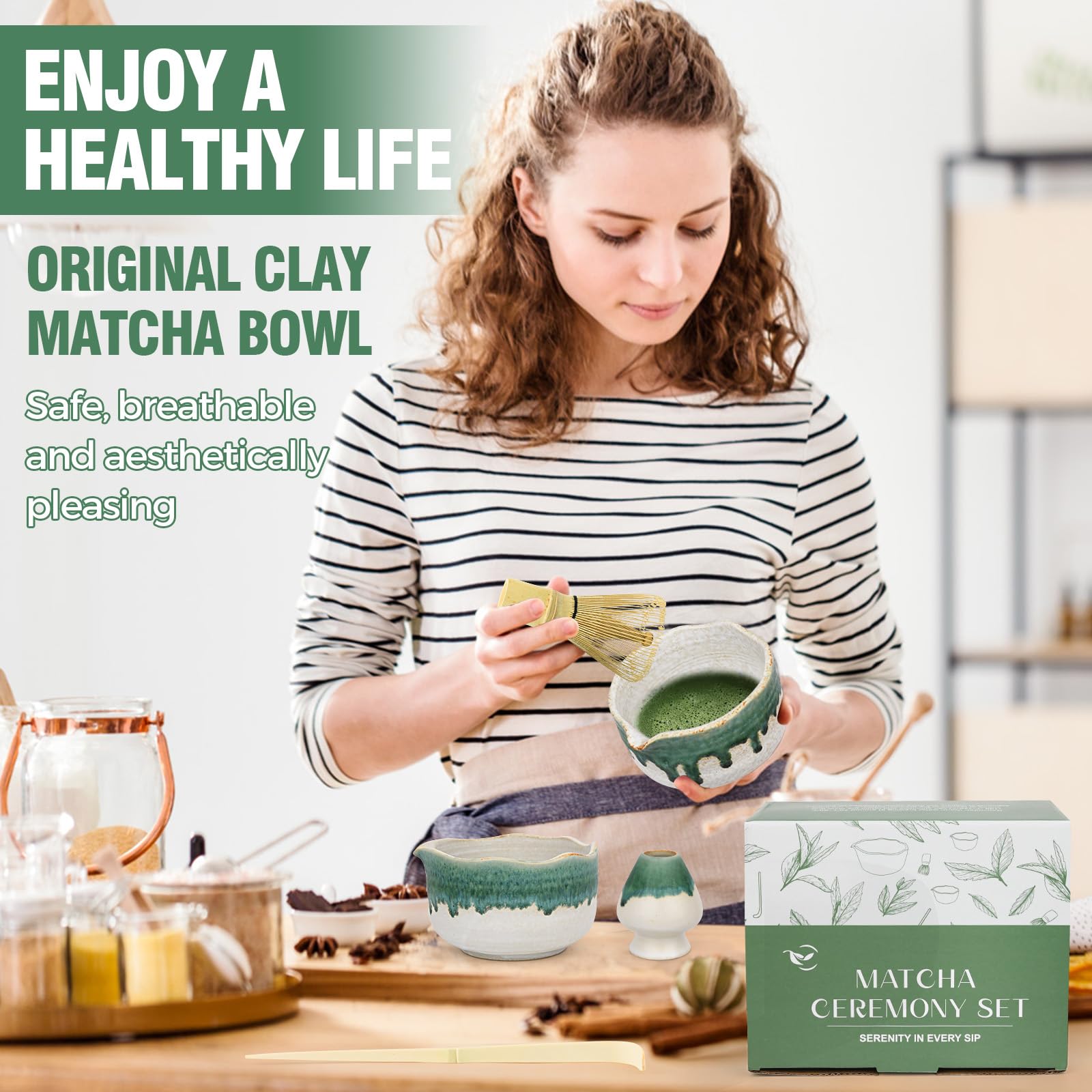Ceramiczny zestaw matcha (śnieżny jadeit)