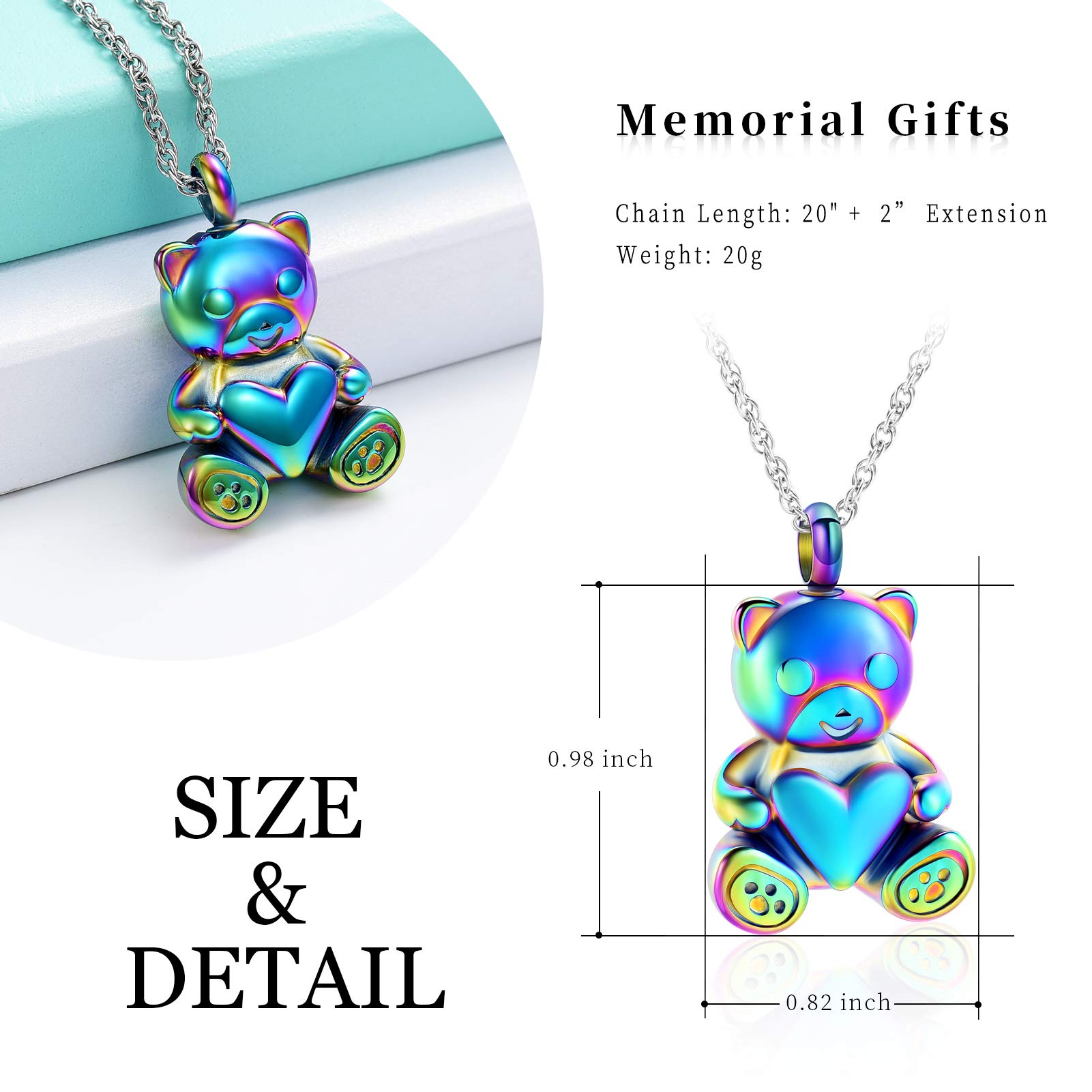 Cremation Jewelry Urn Nekclaces for Ashes for Women Gilrs Teddy Bear Keepsake Memorial Necklace for Human Pet Baby Ashes,Rainbow