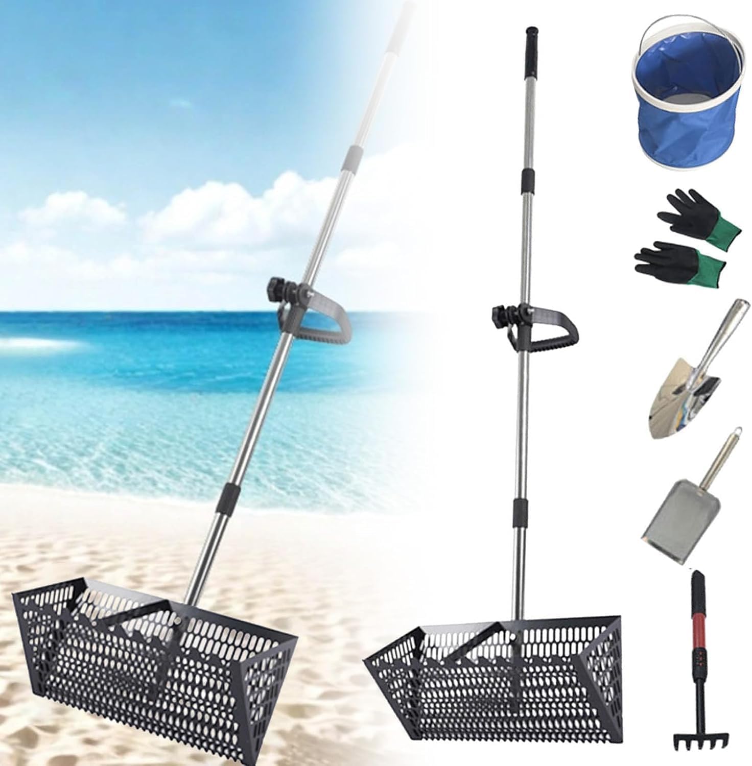 Kit De Plage 5 Pièces : Pelle En Maille, Râteau 4 Dents, Manches Télescopiques, Sac De Rangement – Pour Ramasser Coquillages Et Jouer Sur Le Sable