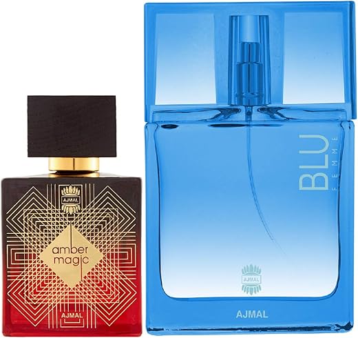 Ajmal Amber Magic EDP Spicy Aromatic Perfume 100ml for Men and Blu Femme EDP Floral Woody Perfume 50ml for Women + 2 Parfum Testers FREE