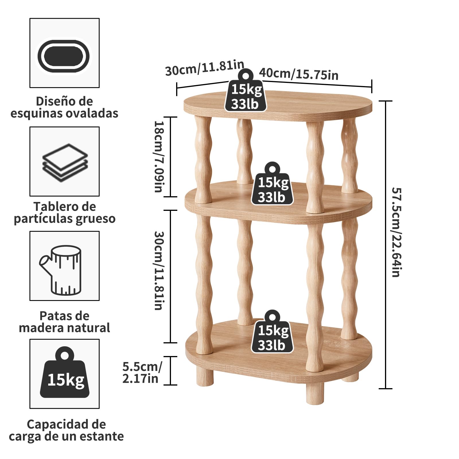 Aibiju Mesa Auxiliar de 3 Niveles con Patas de Madera Maciza, Pequeña Mesa Auxiliar Ovalada, Mesita de Noche con Estante para Dormitorio, Sala de Estar y Pasillo, Roble YD-ST004R
