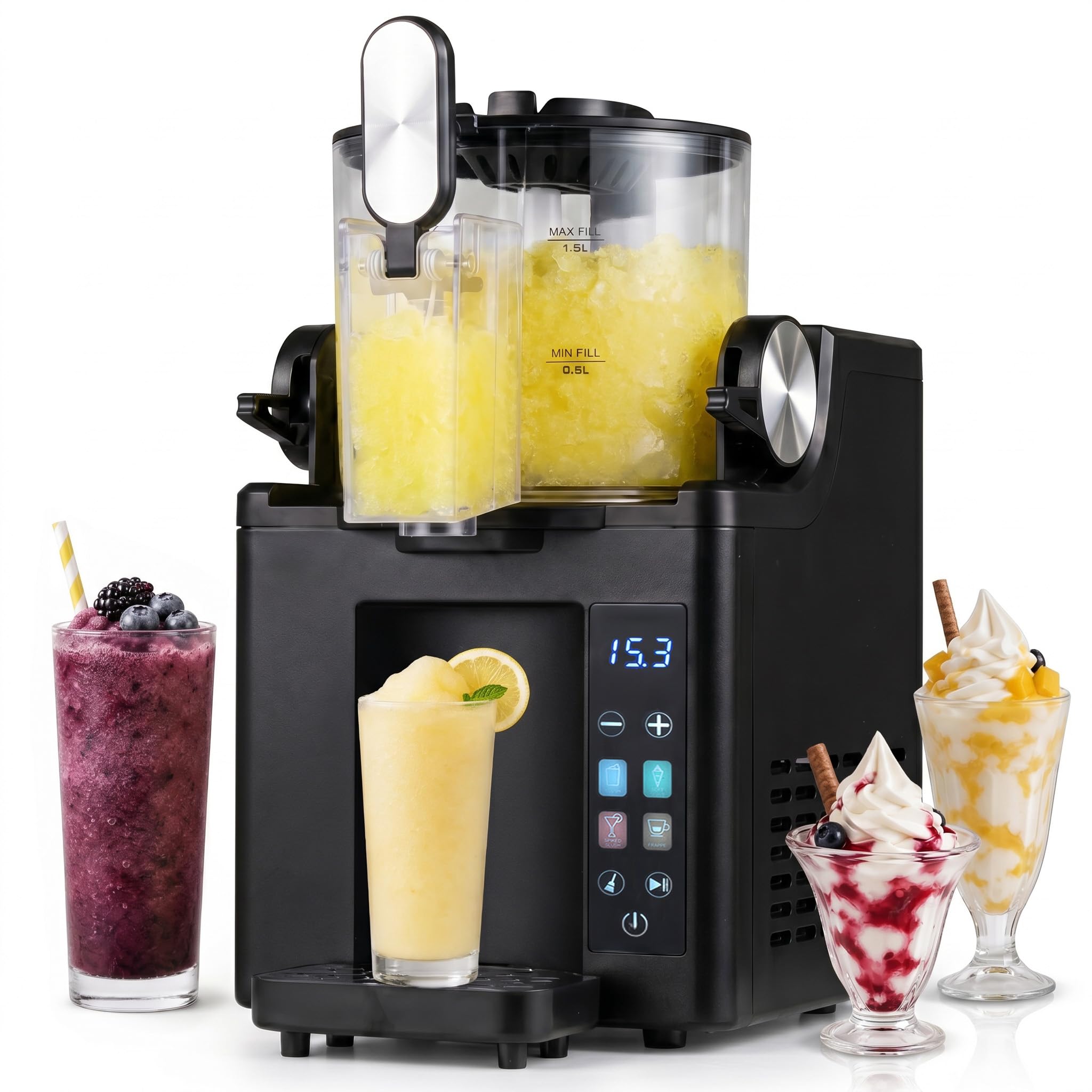 LIFEZEAL Maszyna do lodów typu slush, 1,5 L maszynka do lodów włoskich z 220 W kompresorem | Maszynka do lodów do slushies, koktajli, frappés i koktajli mlecznych, automatyczne czyszczenie, wyświetlacz LED, 4 programy