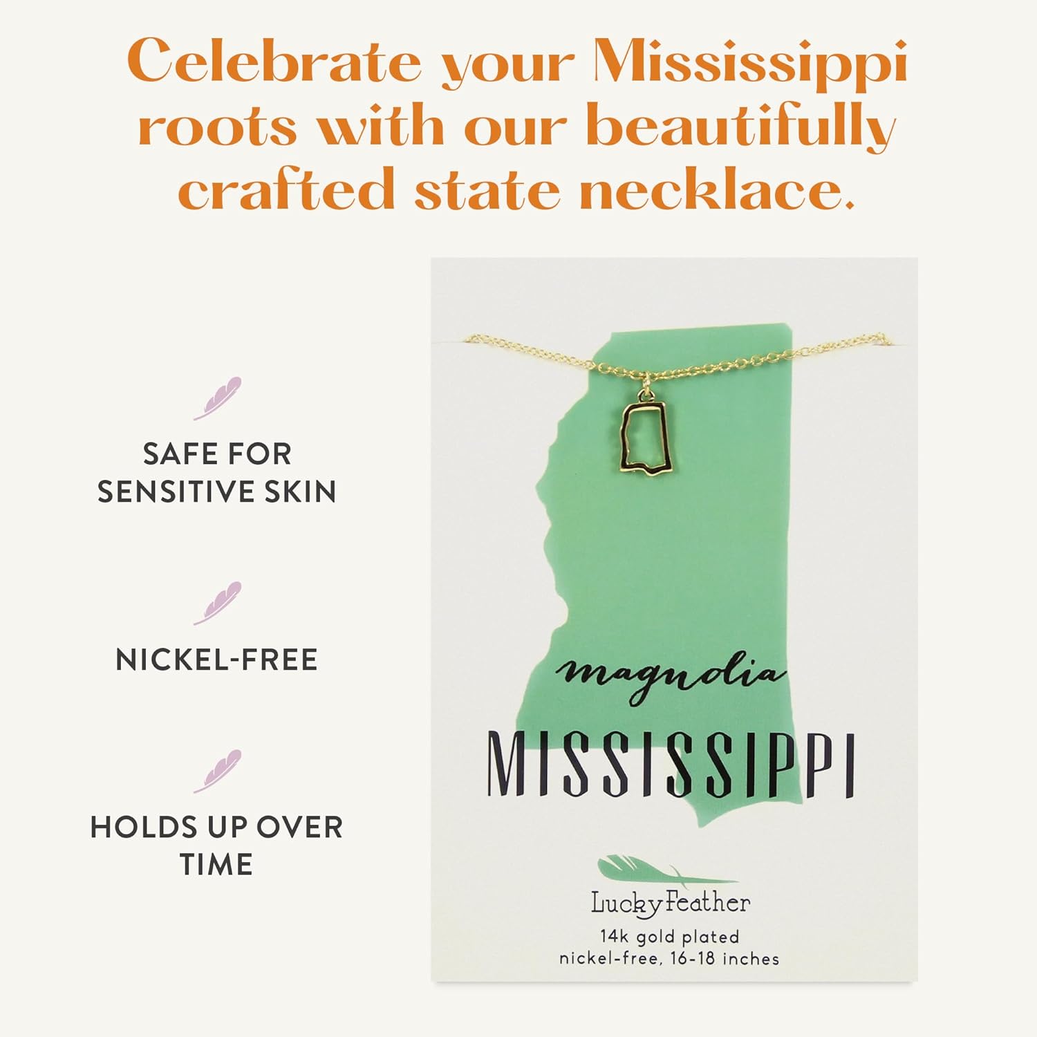 Lucky Feather Delaware State Shaped Necklace | 14k Gold-Dipped Pendant Necklace | 16”-18” Adjustable Necklace Chain | State Love Fashion Jewelry For Women | Dainty Necklace For Women | Great Gift Idea - Image 4