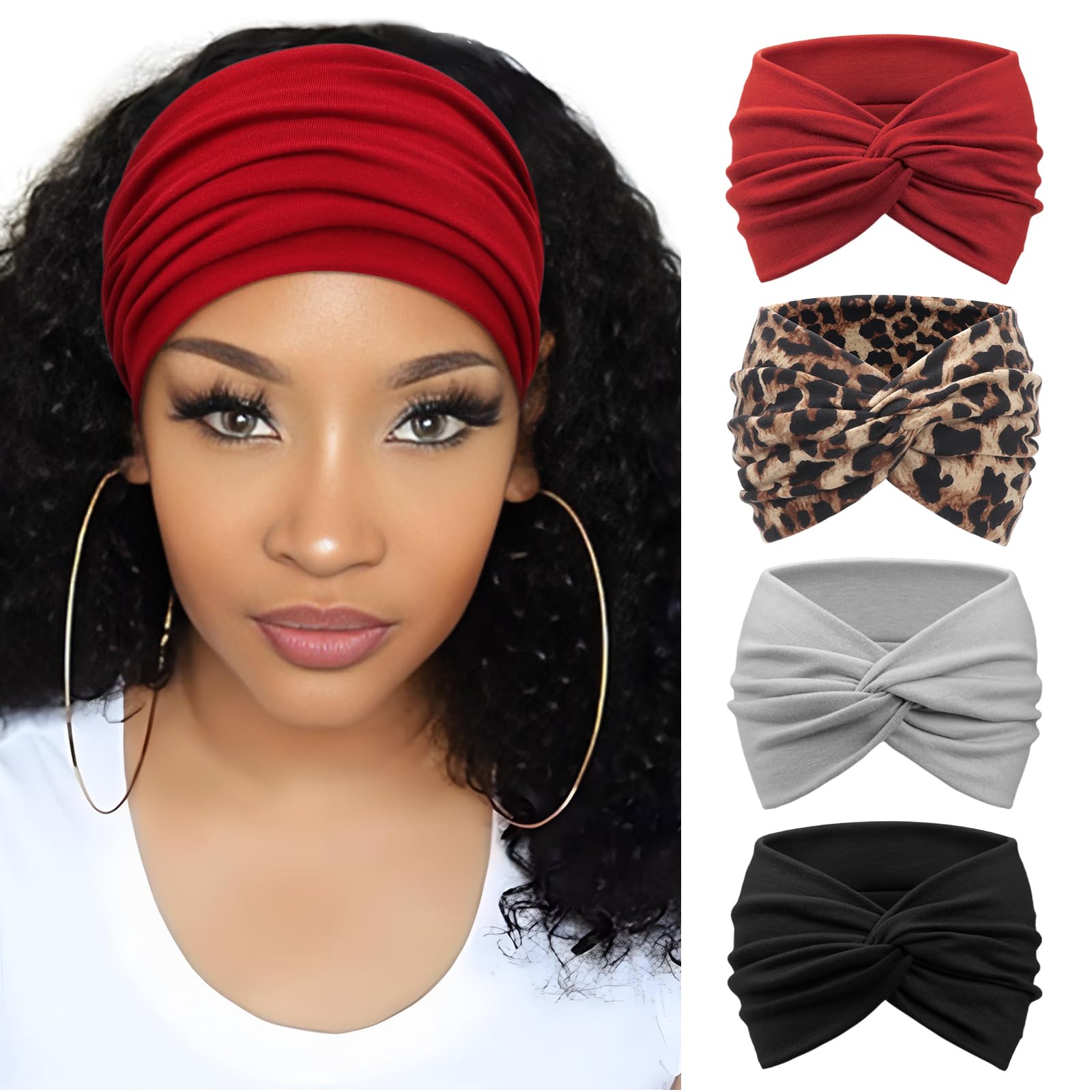 DRESHOW 4 Pack Turban Headbands for Women Wide Vintage Head Wraps Knotted Cute Hair Bands Accessories, 4 Pack Mix Set-C27