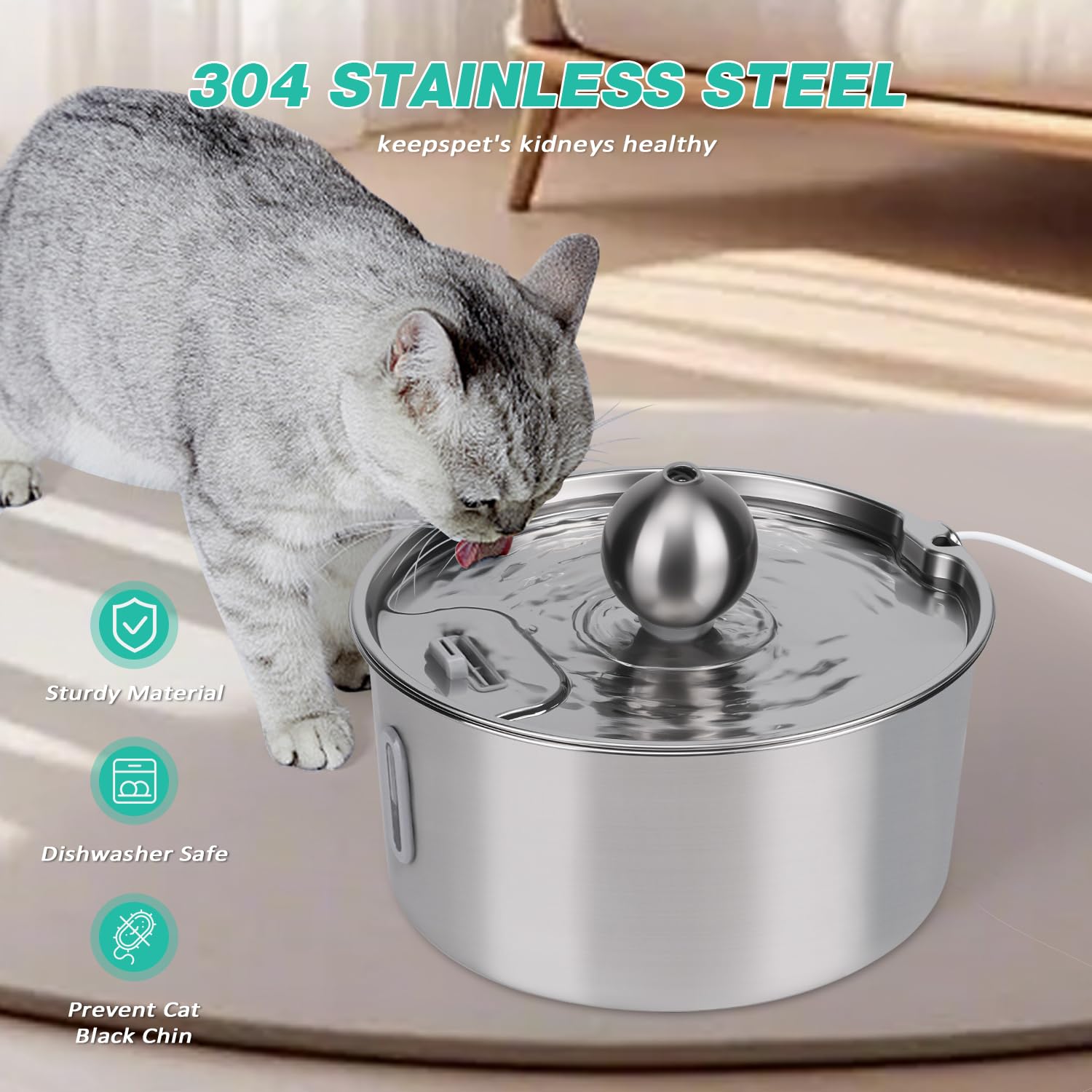 Fontana in acciaio inox, 7 l, per cani e gatti, in acciaio inox, con filtrazione a 5 strati e luce LED, pompa ultraleggera con protezione da sovraccarico per cani di grossa/più gatti, con 3 filtri