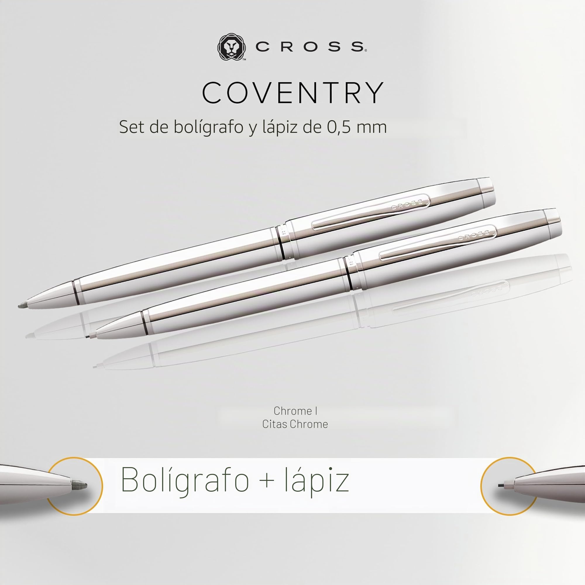 CROSS Coventry - Juego de bolígrafo y portaminas (KS: ancho de trazo M, DB 0,7 mm, incluye embalaje de regalo), cromado brillante