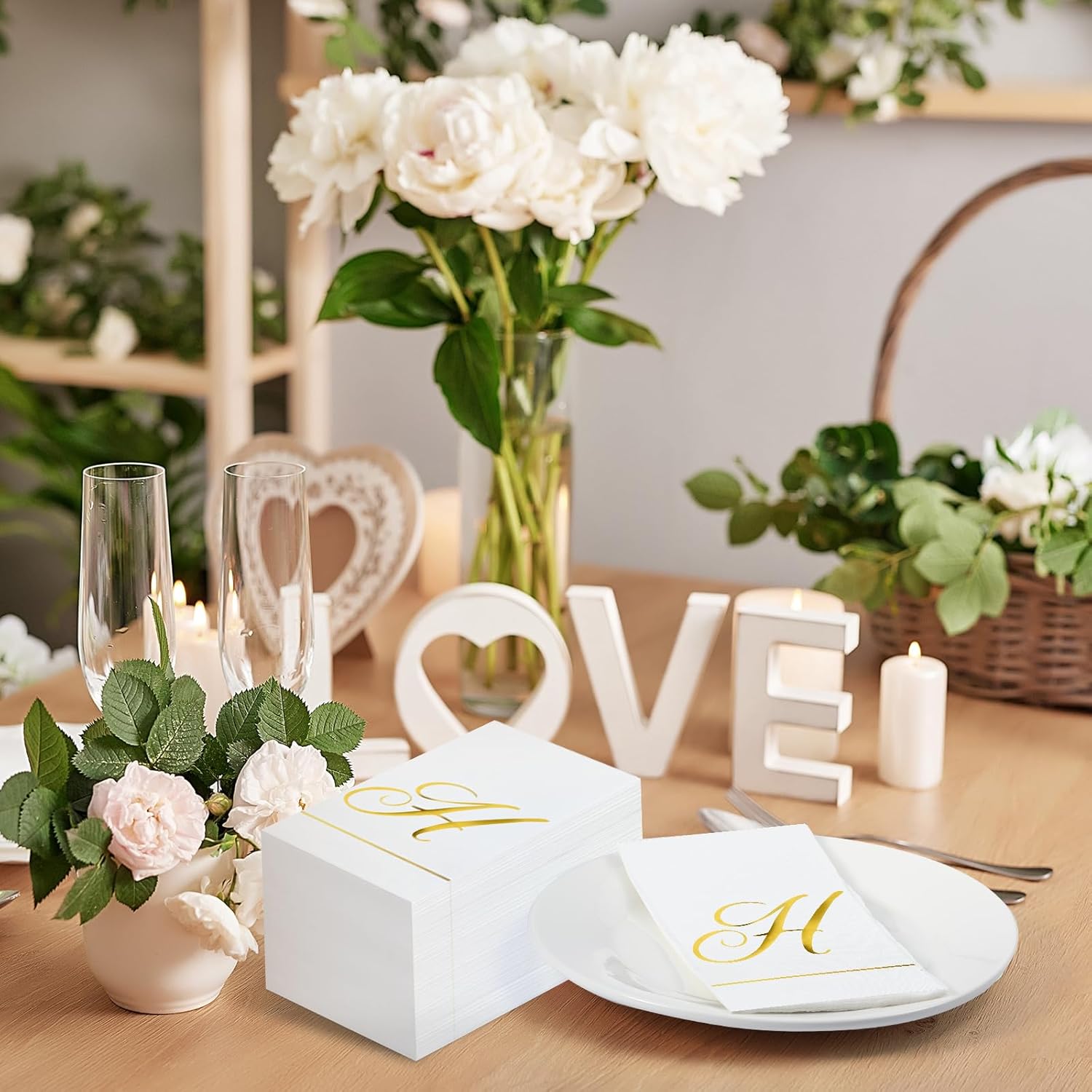 Pasimy 100 Pcs Initial Napkins Monogram Guest Napkins Gold Letter Paper Towels Disposable Elegant Dinner Towels for Wedding Bridal Shower Holiday Birthday Party Tableware Decor(H Letter)