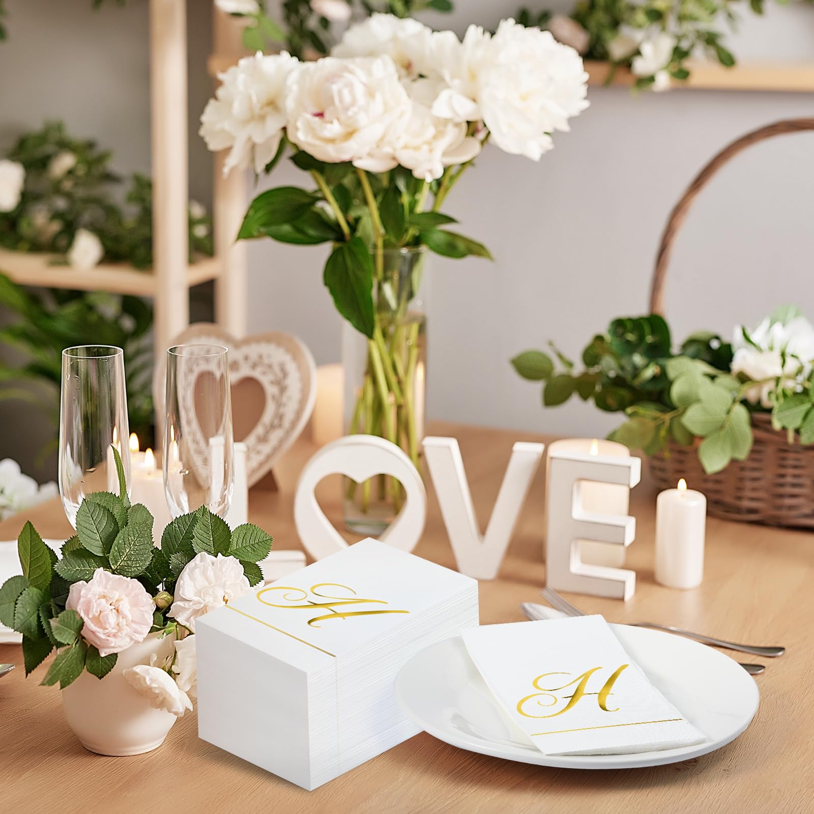 Pasimy 100 servilletas con inicial monograma, servilletas de papel con letras doradas, desechables, elegantes, para boda, despedida de soltera, vacaciones, fiesta de cumpleaños, decoración de vajilla