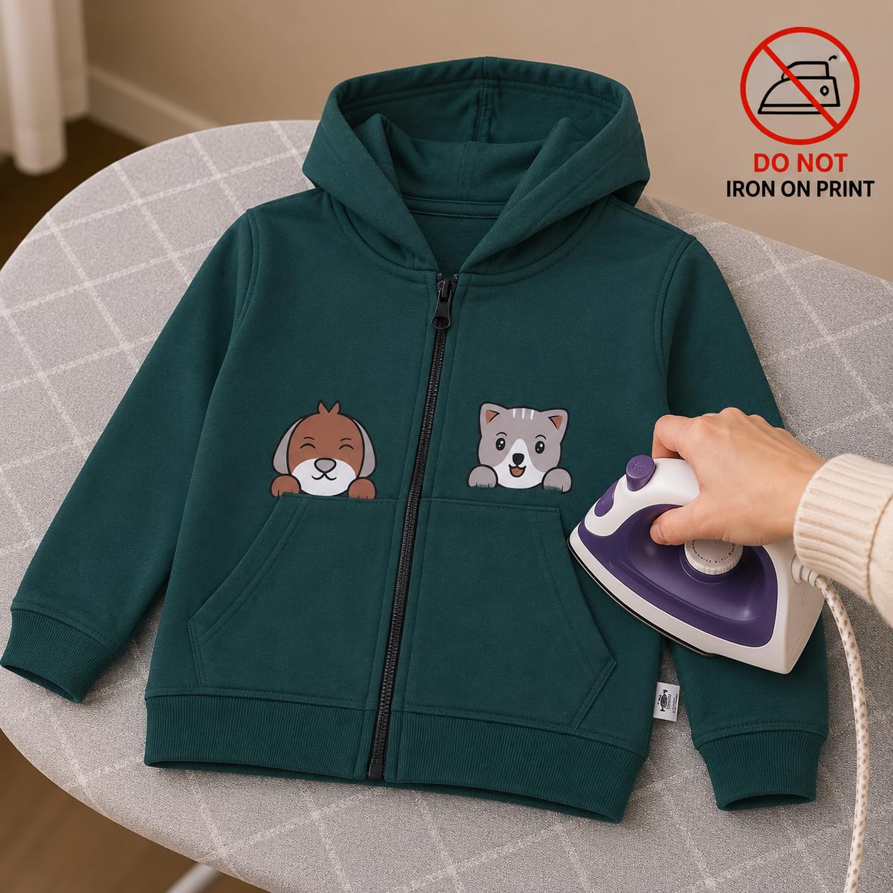 The Mom Store Unisex Fleece Hooded Neck Regular Fit Hoodie (ZPJK-NTPP-0-6_Naughty Puppies_Dark Green_0 Months-6 Months)