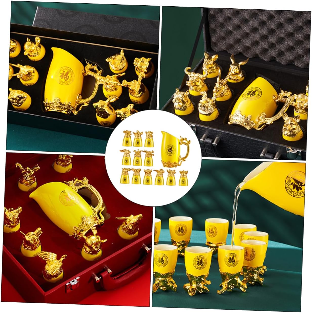 1set Zodiac Ceramic Liquor Cup Set White Wine Dispenser Gold-plated Design Smooth Finish Elegant Box for Celebrations and Collectors Yellow Twelve Zodiac Theme