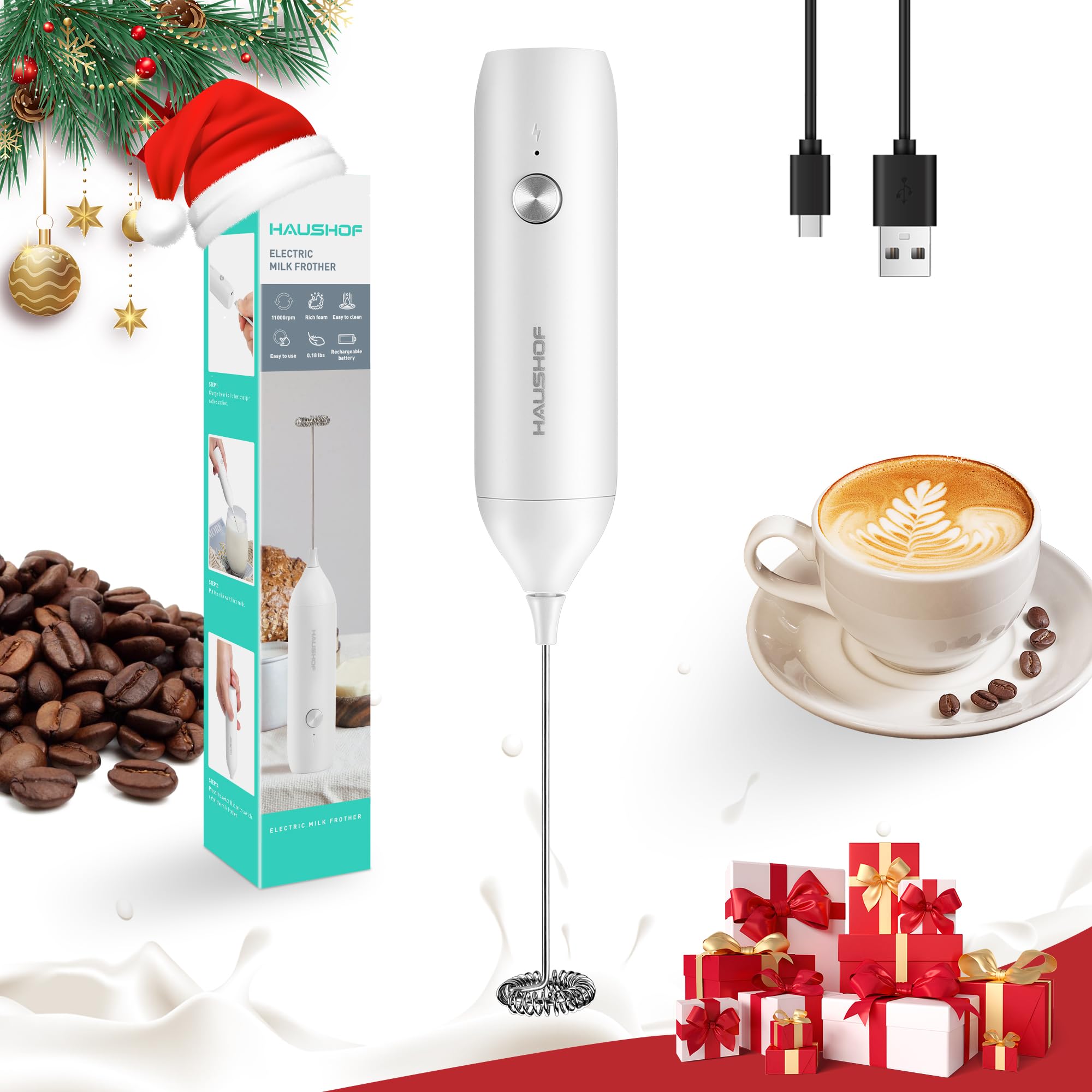 Powerful Rechargeable Milk Frother Wand, Handheld Electric Foam Maker, Drink Mixer with Detachable Stainless Steel Whisk for Coffee Latte, Cappuccino, Matcha, No Stand, White