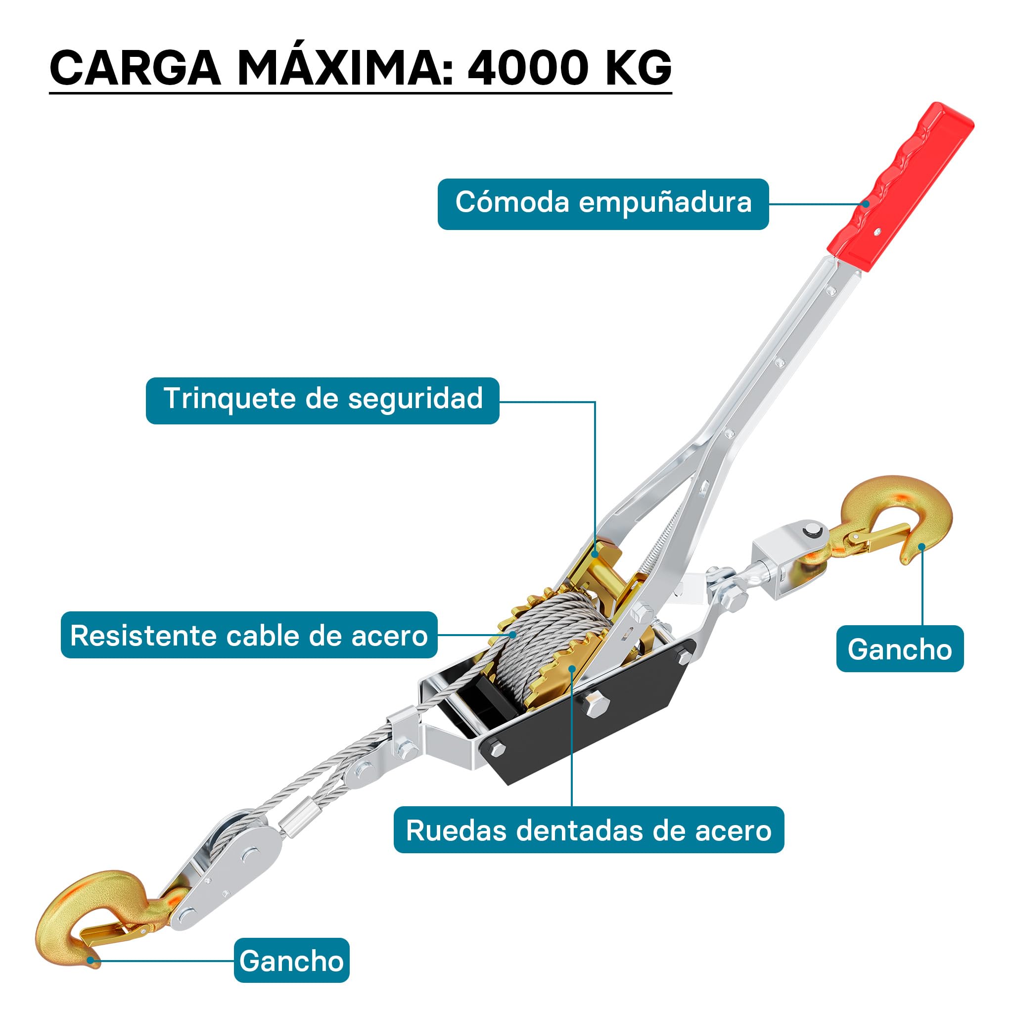 Cabrestante Manual 4000kg 3 m cable palanca tracción 2 ganchos arrastre portátil