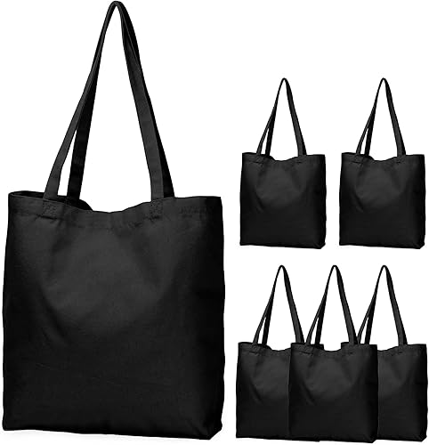 Koolmox Bolsa de mano negra, 13.5 x 13.5 x 3.5 pulgadas, paquete de 6 bolsas de lona con fondo ancho y asas reforzadas, bolsa de lona de algodón