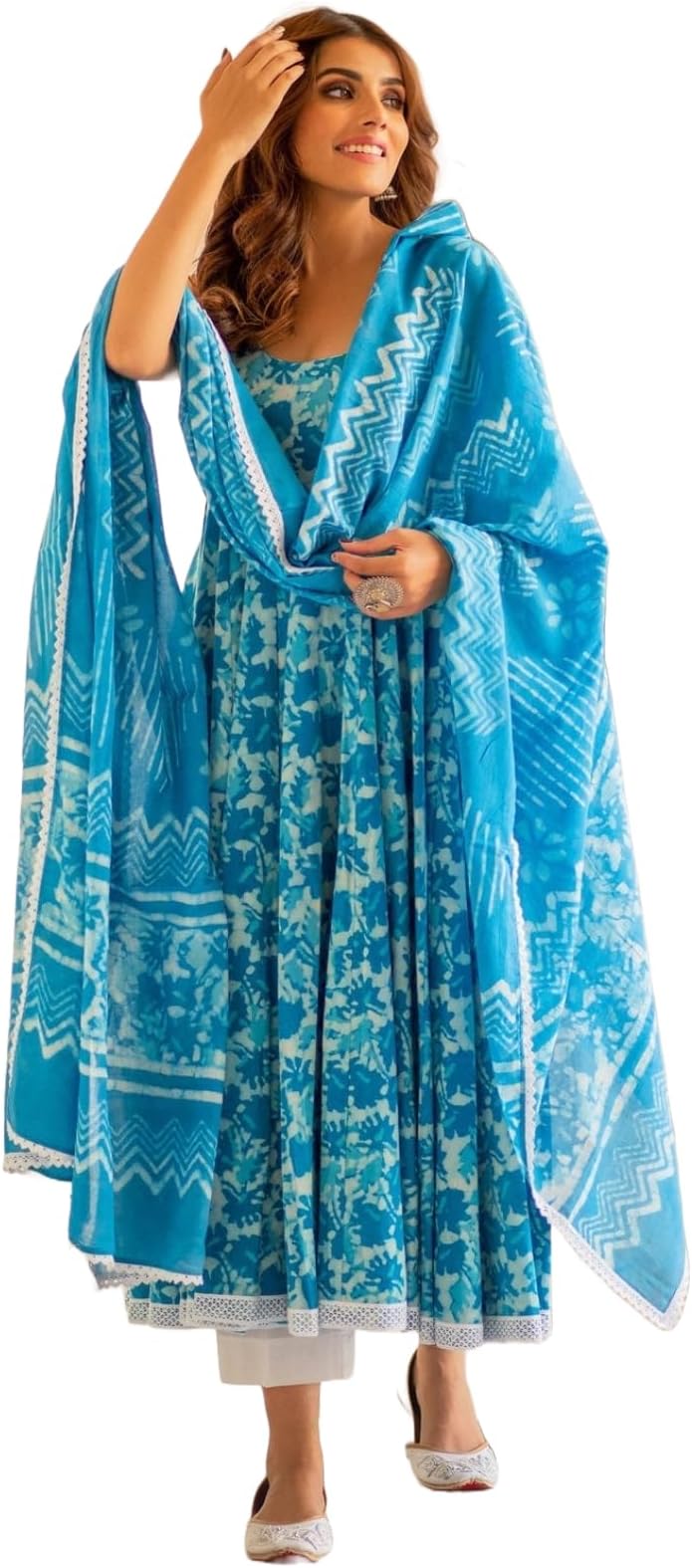 GoSriKi Women's Rayon Blend Printed Anarkali Kurta with Pant & Dupatta