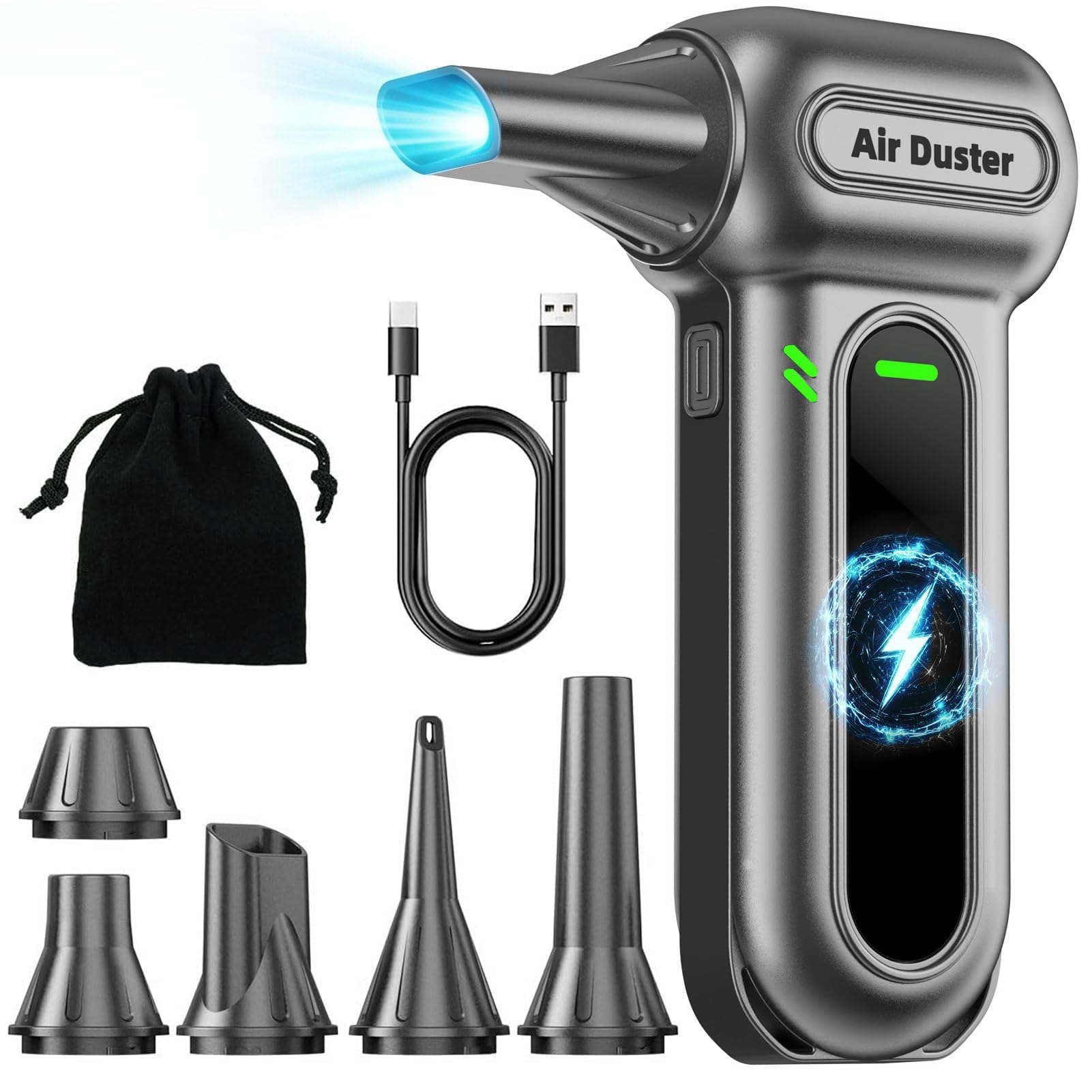 Herramientas de limpieza de plumero de aire eléctrico, 150000 rpm, plumero de aire inalámbrico súper potente, motor recargable sin escobillas, soplador duradero, soplador de polvo ajustable de 3
