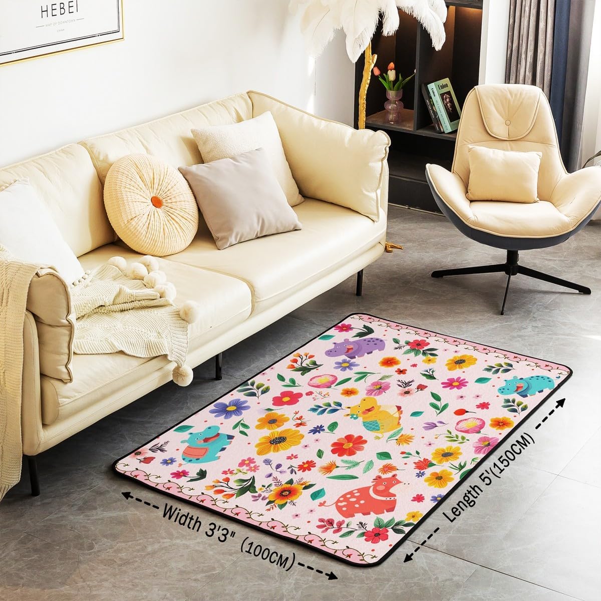 Erosebridal Cute Hippo Area Rug 3x5, Cartoon Wildlife Rectangular Carpet for Bedroom Living Room, Kawaii Flowers Printed Kids Teens Non Shedding Indoor Floor Mat, Pink Yellow Animals Decorative Rug