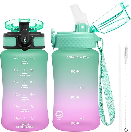 Botella de agua de 12oz para niñosniñas pequeños, sin BPA, con marcador de tiempo que motiva a beber, 2 tapas de popoteboquilla, abre con un solo