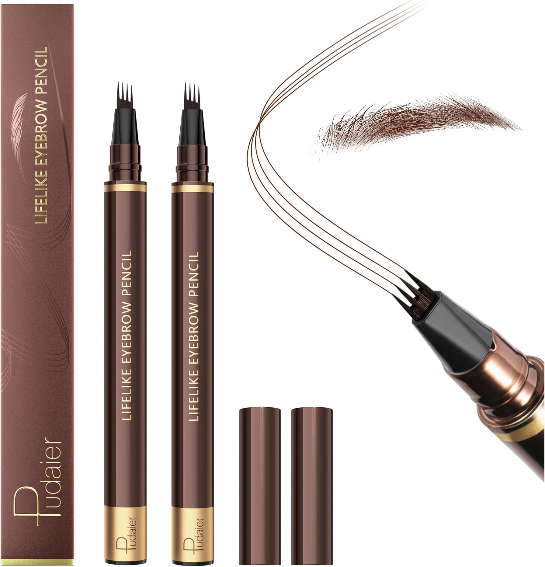 2 Pack Eyebrow Pen, Waterproof Microblading Eyebrow Pencil, 4 Tip Precise Eye Brow Makeup Pen for Women to Effortlessly Create Hair Like Natural Brows, Non Dry Out and Last All Day (Dark Brown)