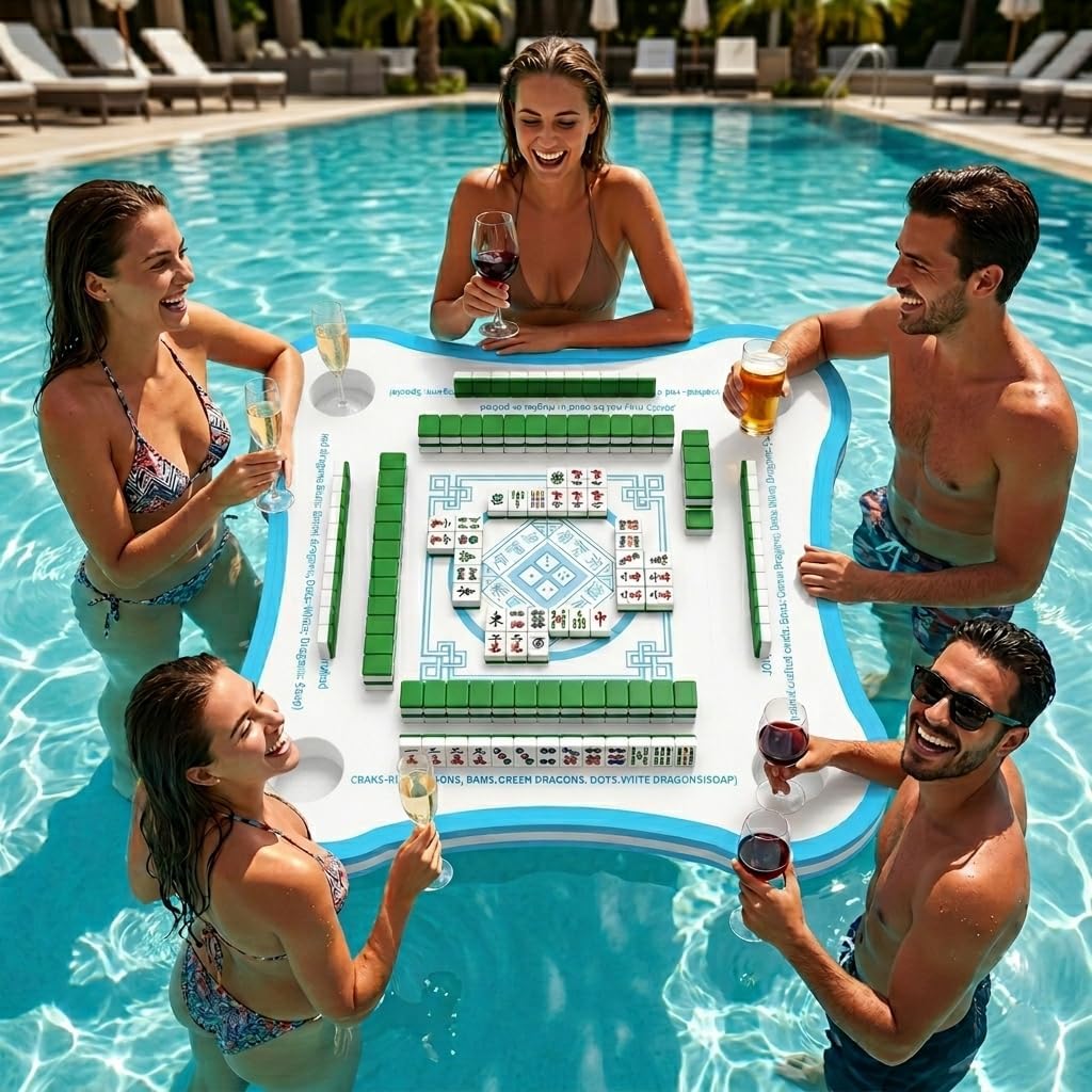 Floating Mahjong Table for Pool, Double-Sided Waterproof Float Board with Rules, Game Tray for Card Games, Poker, Dominoes, Scrabble, for Swimming Pool, Hot Tub, Lake & Beach Party