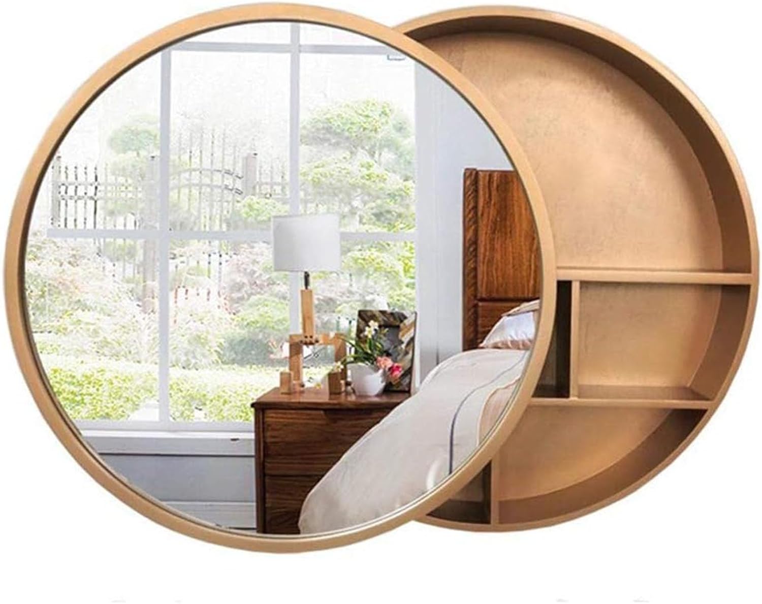 GArcan Round Wooden Mirror Cabinet with Storage Space - Wall Mounted Bathroom Cabinets, Vanity Mirror Cabinet 2 in 1, Solid Wood Sliding Bedroom, Round Wall Shelves/Bathroom Furniture