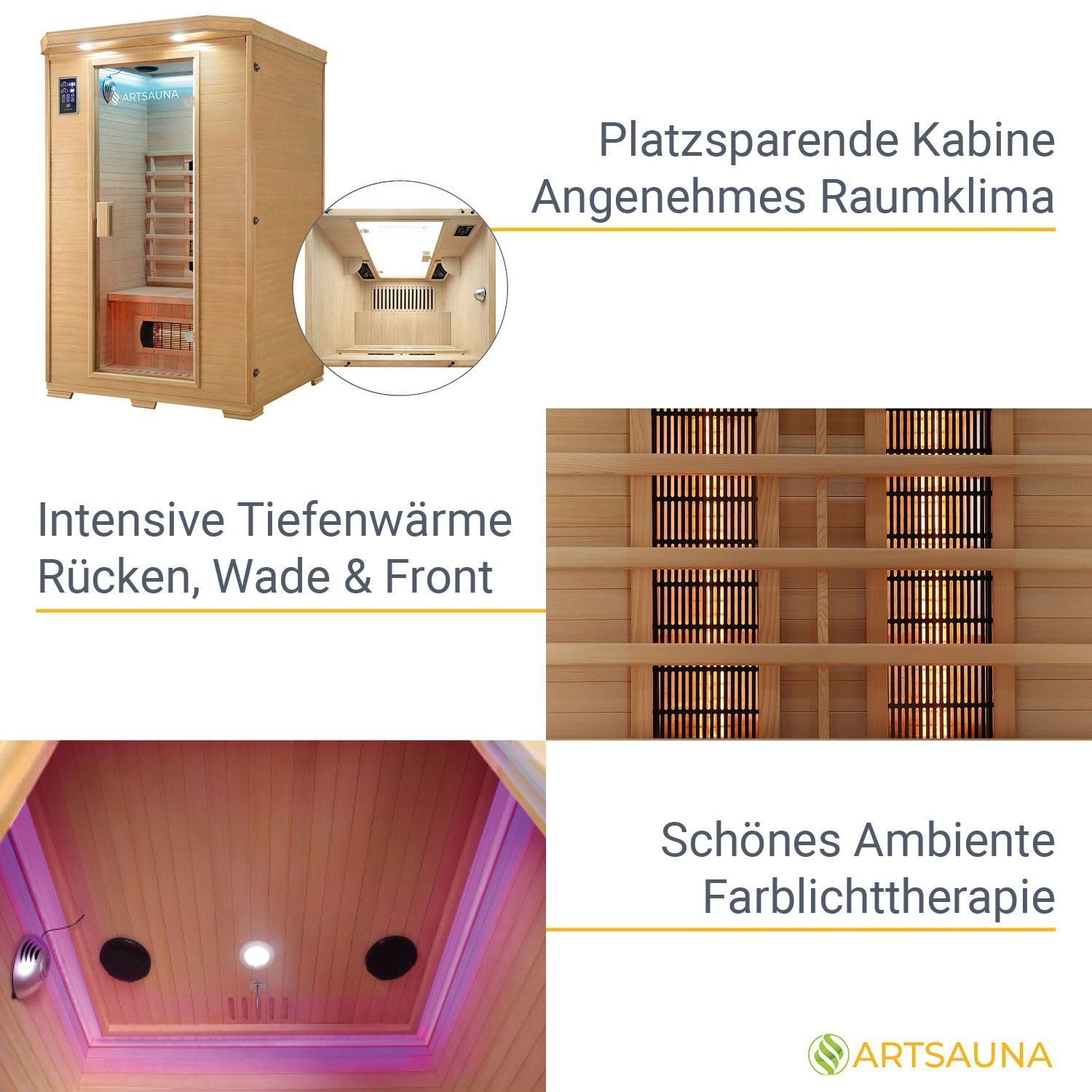 Artsauna Infrarotkabine Oslo - Wärmekabine Vollspektrumstrahler für 2 Personen - LED-Farblichttherapie - Infrarotsauna 120x100 cm aus Hemlockholz