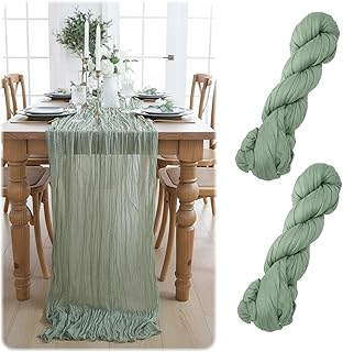 2 Stück 90x300 cm Tischläufer Grün, Käsetuch Tischläufer Green, Tischdeko Eukalyptus Grün für Hochzeit, Boho Crinkle Gaze Tischläufer für Hochzeitsdeko Geburtstag Party