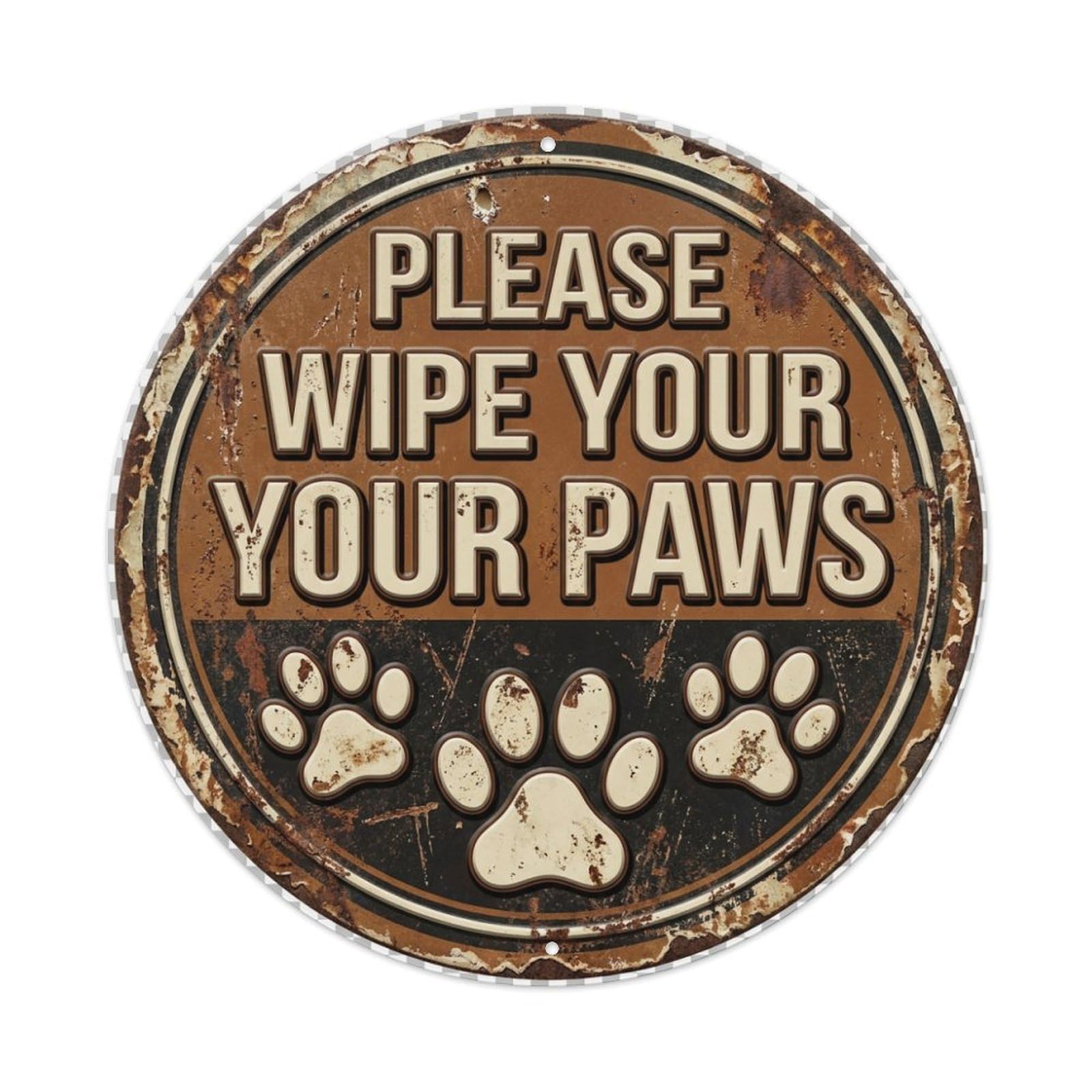 Paws Wipe Feet Ornament Metal Tin Sign Plaque Wall Decor for Cafe, Club Bar, Office, Home Garden Round Metal Poster 8x8Inch