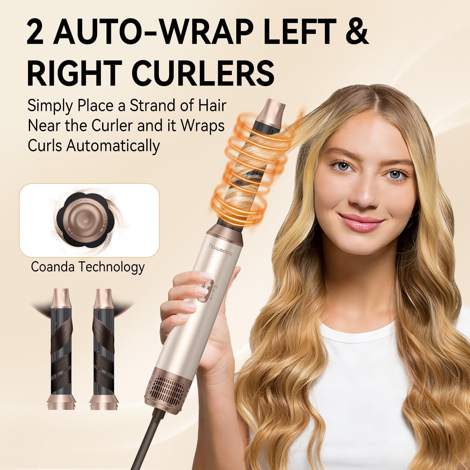 5-in-1 Hair Dryer Brush Set, Detachable Hot Air Brush with Auto Wrap Curlers, Ionic Blow Dryer Brush for Fast Drying, Volumizing, Straightening & Salon Styling for All Hair Types(Beige)
