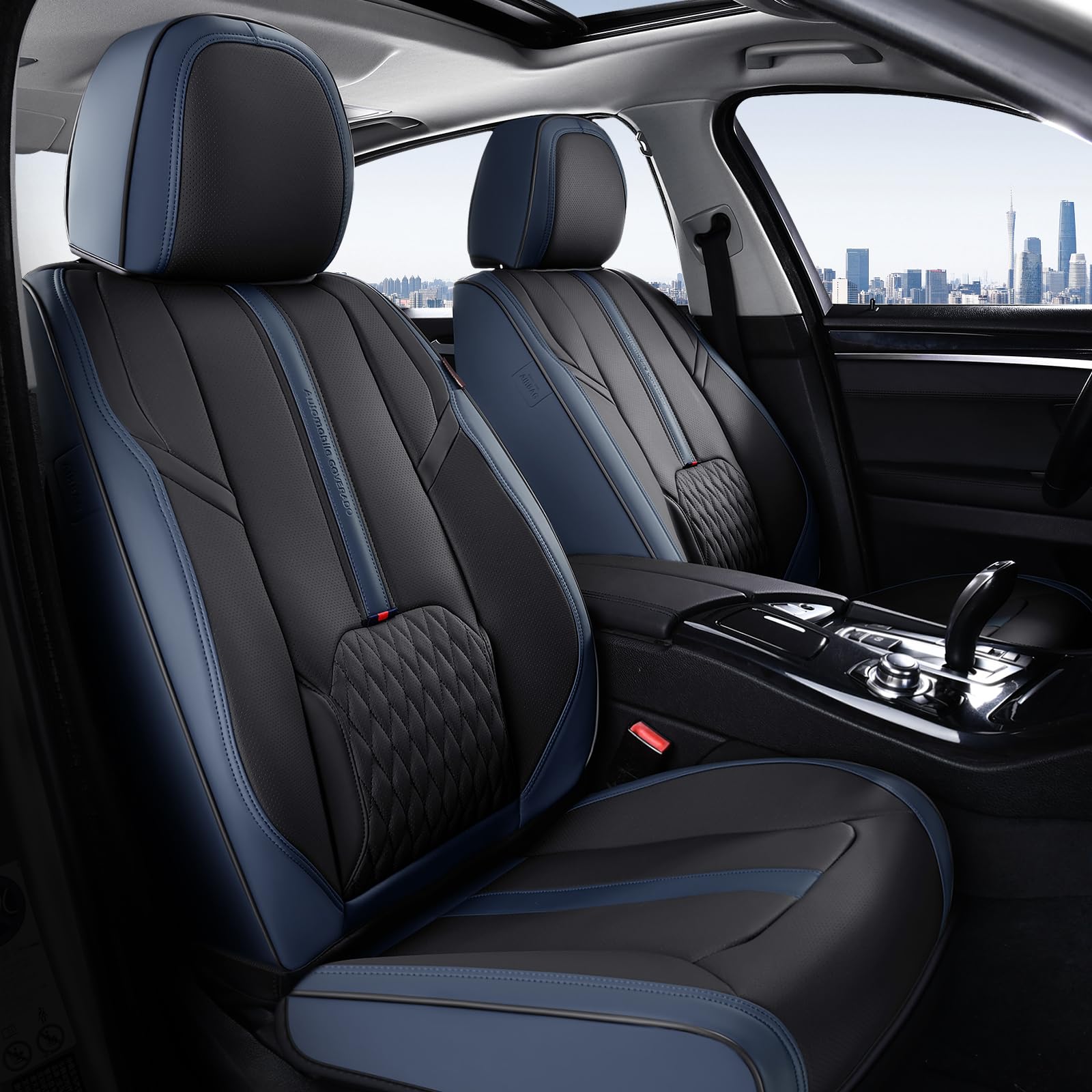 Coverado Front Seat Covers, 2 PCS Luxury Leather Seat Covers with Lumbar Support, Universal Seat Cover for Cars, Car Seat Protector Waterproof, Automotive Seat Cushions Fit for Most Cars (Blue&amp;Black)