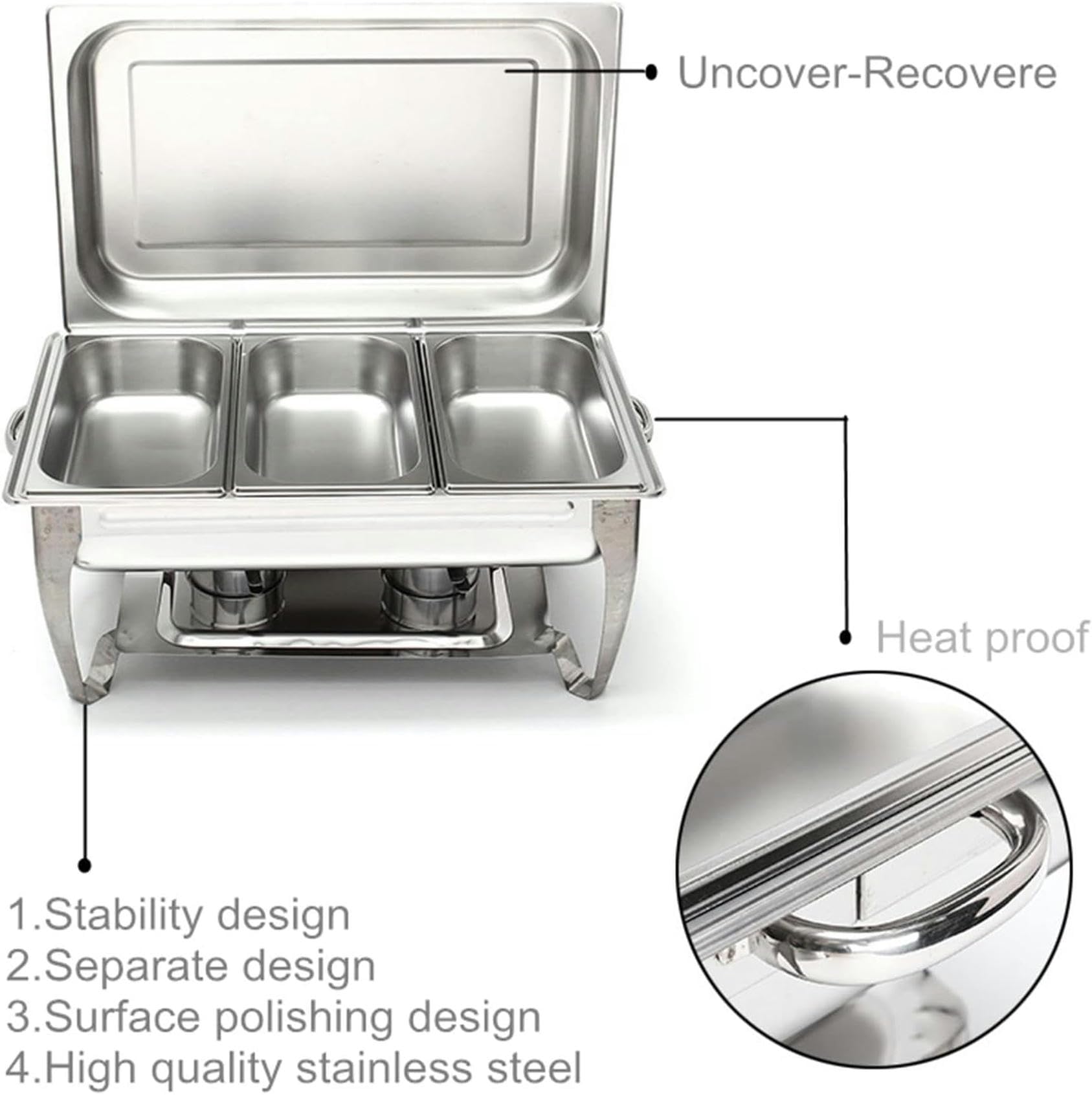 Chafing Dish in acciaio inox da 9 litri, set di contenitori scaldavivande per buffet con 3 contenitori per alimenti da 1/3 di dimensione e porta combustibile, per matrimoni, feste, banchetti, eventi d