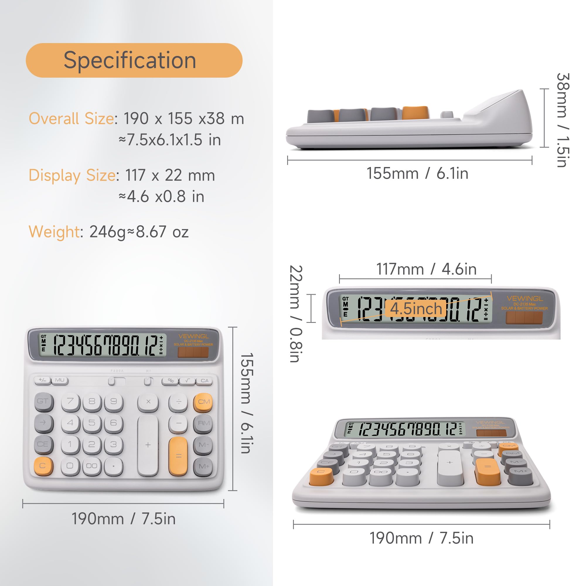 VEWINGL Tischrechner, 12-stelliges großes LCD-Display, große Tasten im Computer-Stil, Dual-Power (Solar und Batterie), automatischer Schlafmodus, für Büro, Schule, Zuhause und Geschäft, 19 x 16 cm