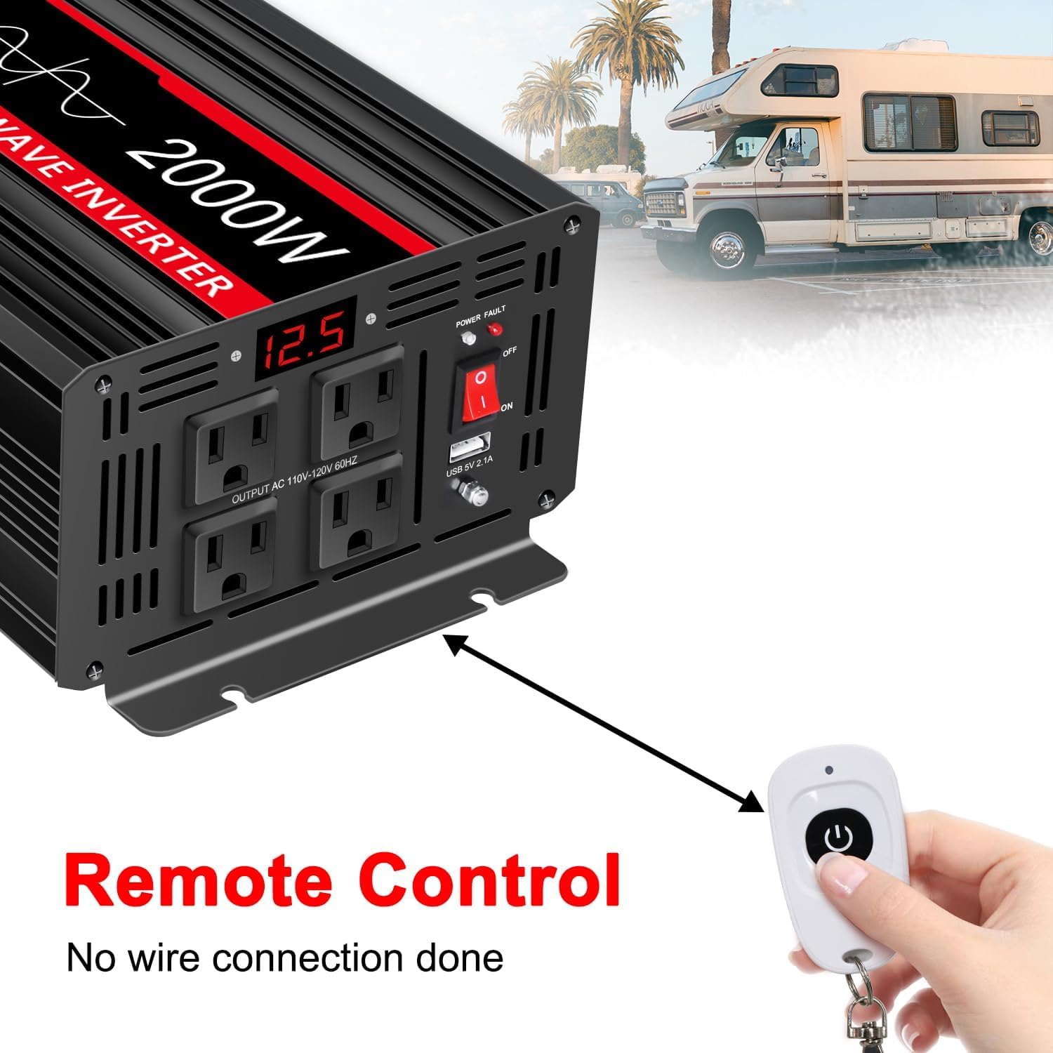 JIGUUN 4000W Peak Pure Sine Wave Power Inverter 2000 Watt,12v DC to 110/120v AC Inverter 3 AC & USB Output,Power Converter LED Display for Home RV Camping Outdoor Car Truck