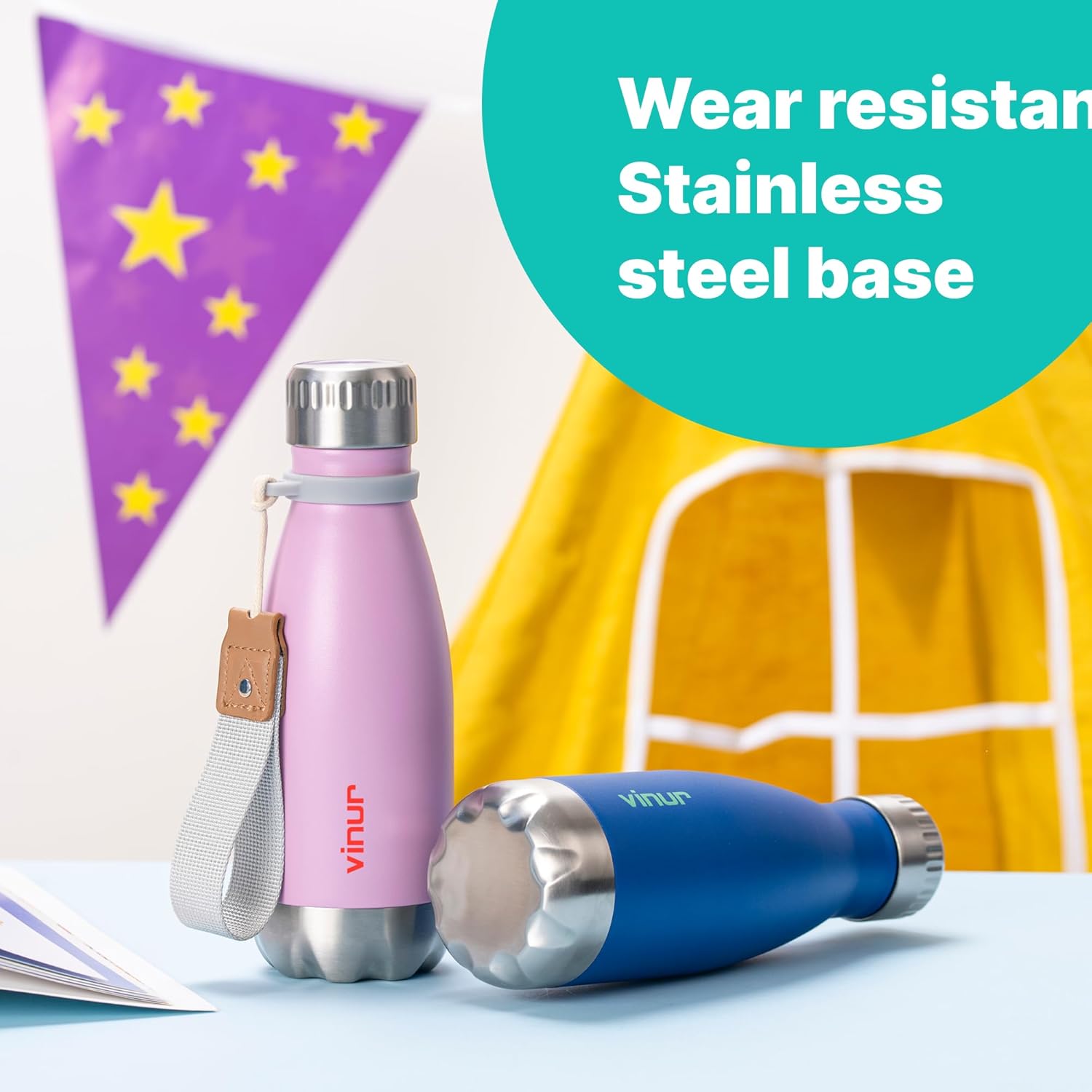 VINUR Small Water Bottle- 9 oz Stainless Steel Vacuum Insulated Leak Proof Water Bottle for kids Travel-Cola Shape Reusable Flask with Carry Rope for Girl, Teal - Image 4