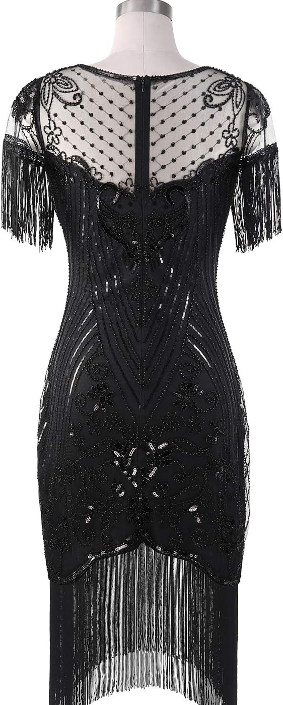FAIRY COUPLE Women's 1920s Lace Neck Great Gatsby Dress Sequin Art Deco Flapper Dress with Sleeve D20S028 - Image 2