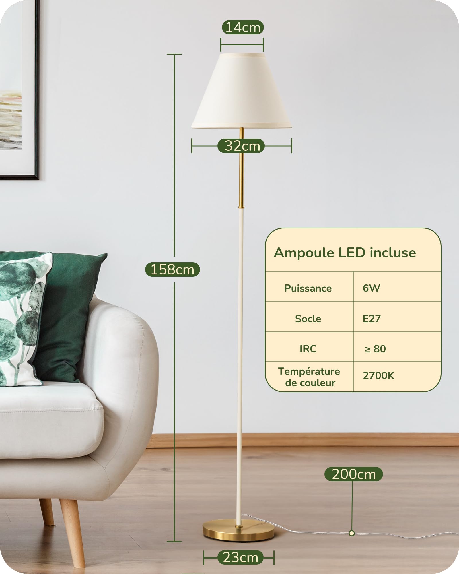 EDISHINE Lampadaire Rétro Salon, Abat-Jour en Coton et Lin, 2700K, Blanc | Ampoule LED Incluse, Douille E27, Structure en Métal, Interrupteur au Pied, Lampadaire Moderne pour Chambre et Coin Lecture