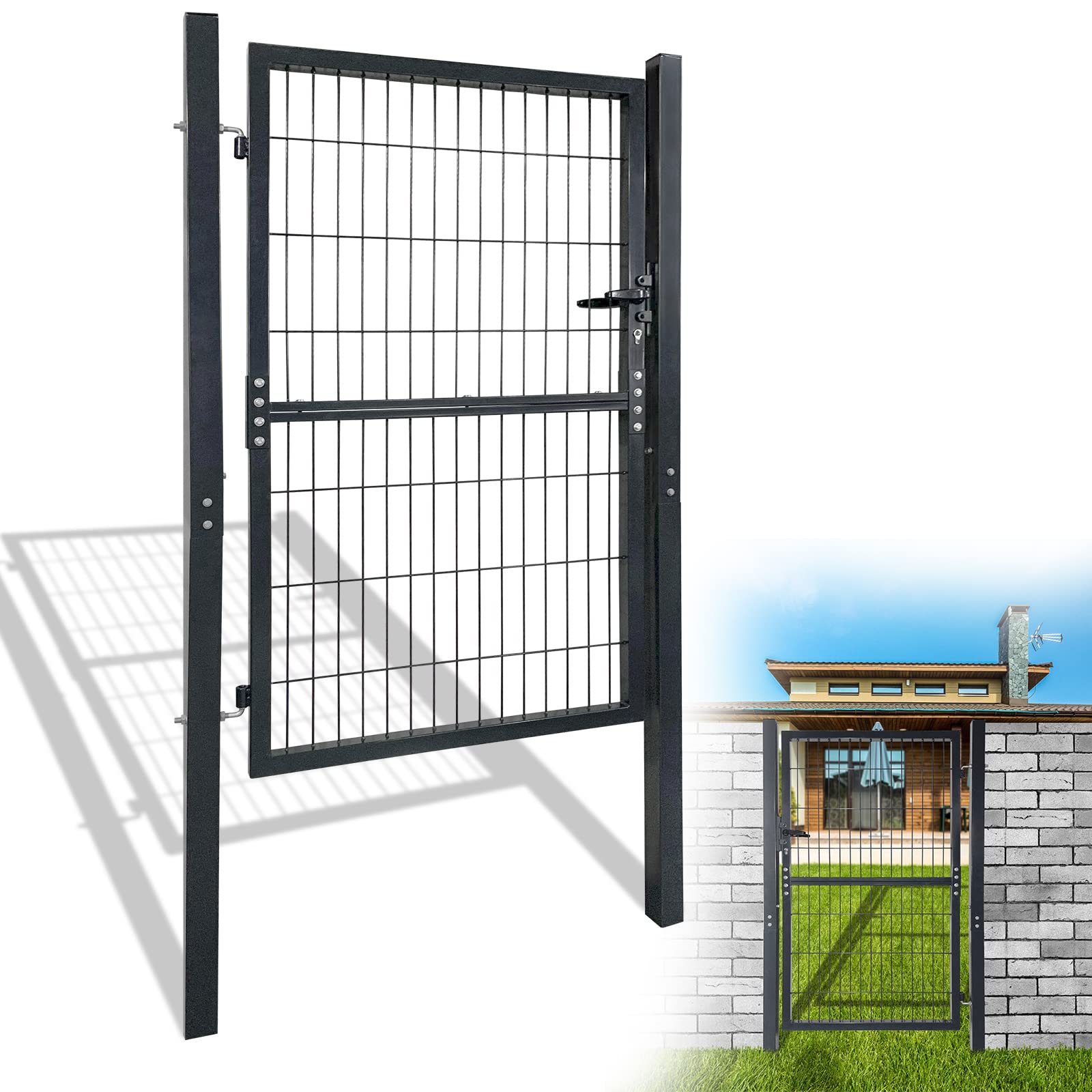 YRHome 150 x 100 cm puerta de jardín puerta de jardín puerta de valla puerta de hierro corrugado antracita puerta abatible de jardín que incluye manija de puerta de cerradura y llaves
