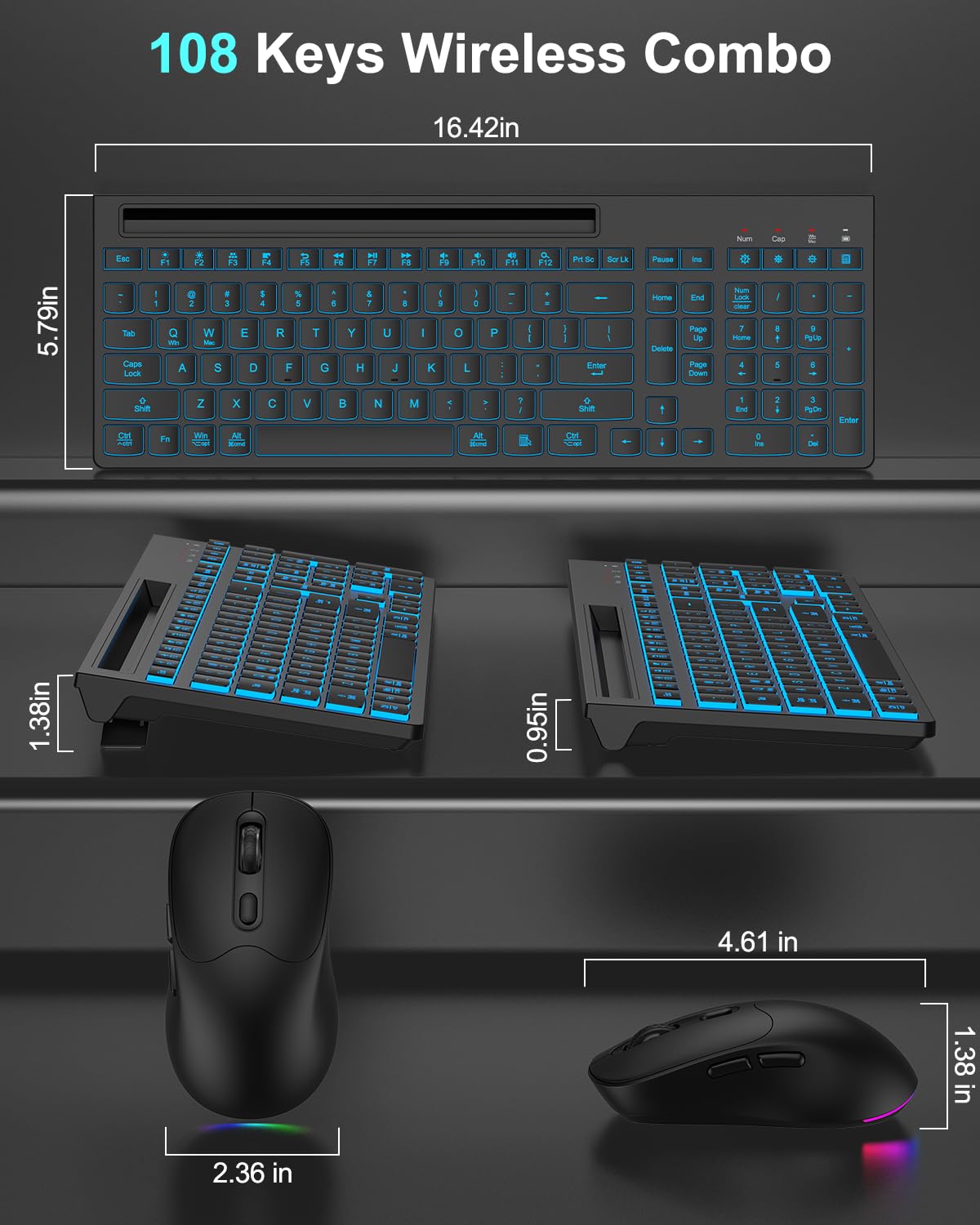Tastiera wireless e mouse combinata, 7 effetti retroilluminati, lettere illuminate, ricaricabile, supporto per telefono, mouse a 6 pulsanti, angolo di inclinazione ergonomico, mouse USB silenzioso da