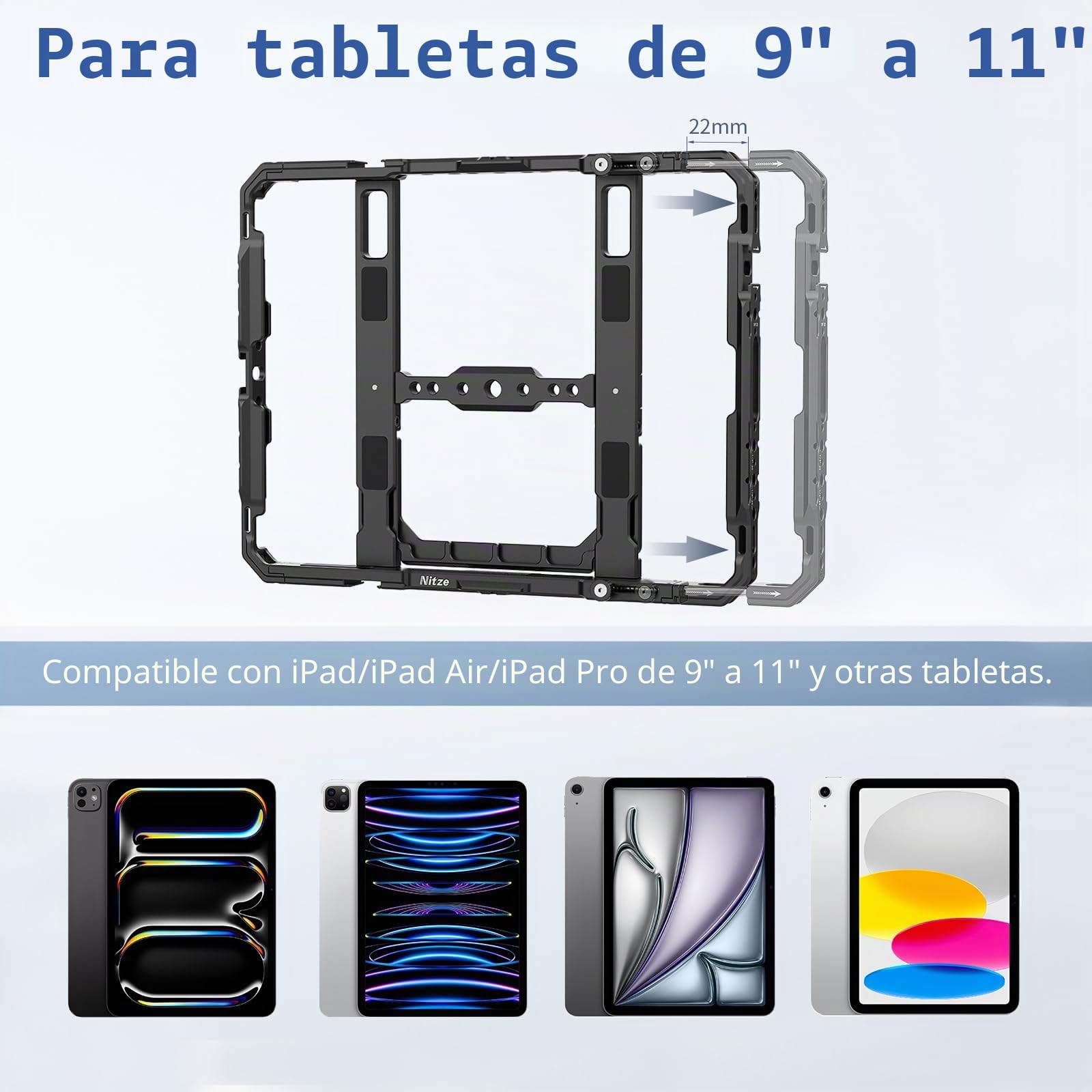 Nitze Jaula Cage para iPad A16/de 1 a 10 Gen, iPad Air 11" M4/M3/M2/de 1 a 5 Gen, iPad Pro 11" M5/M4/de 1 a 4 Gen, iPad Pro 10.5" 2017/9.7" 2016 y Otras Tabletas de 9" a 11" - T-TC03A