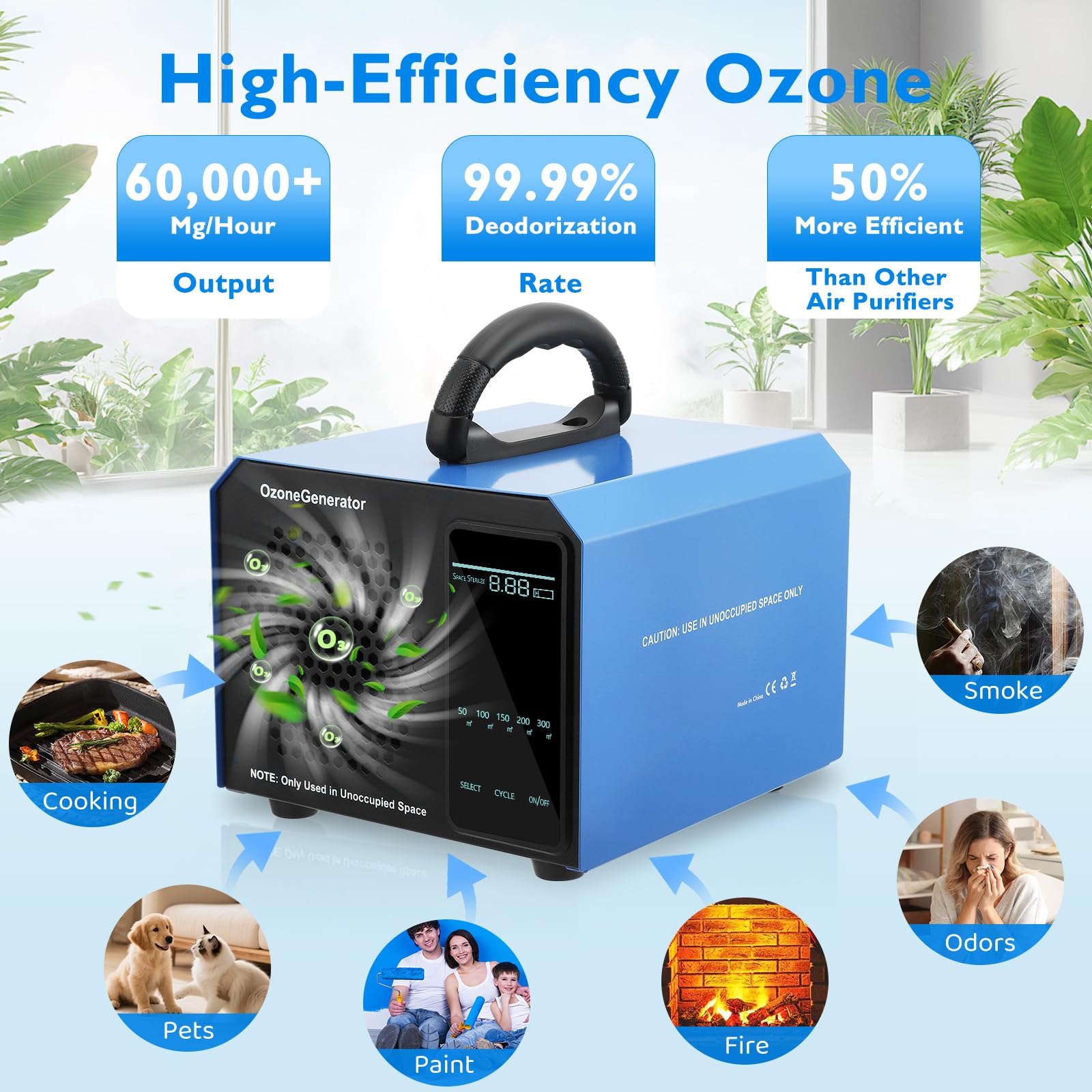 Generatore di ozono 60000 mg/h, dispositivo di ozono fino a 400 m², ozonizzatore industriale con touchscreen LCD e modalità superficie, timer 120 minuti, purificatore d'aria per auto, appartamento