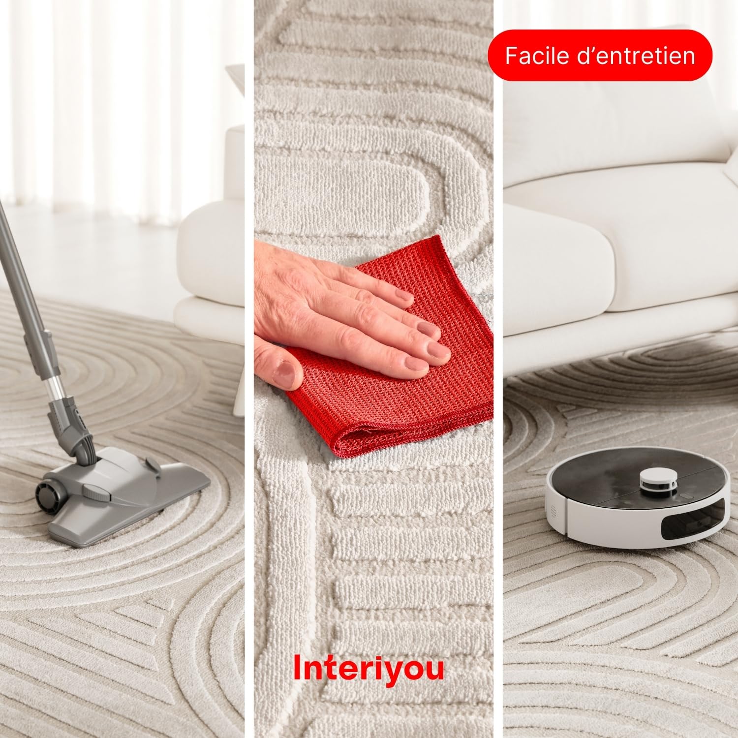 Interiyou Tapis Salon à Poils Courts Cannes - 140x200 Crème - Motif bohème scandinave avec Effet 3D - Plat et géométrique - Poil Ras pour Chambre, Couloir, Bureau