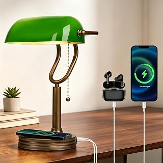 Green Glass Bankers Lamp, Antique lamp with USB Wireless Charging Port, Classic Pull Chain Switch Table lamp, for Home Office nightstand Bedside Study Desk Libr