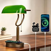Green Glass Bankers Lamp, Antique lamp with USB Wireless Charging Port, Classic Pull Chain Switch Table lamp, for Home Office nightstand Bedside Study Desk Library