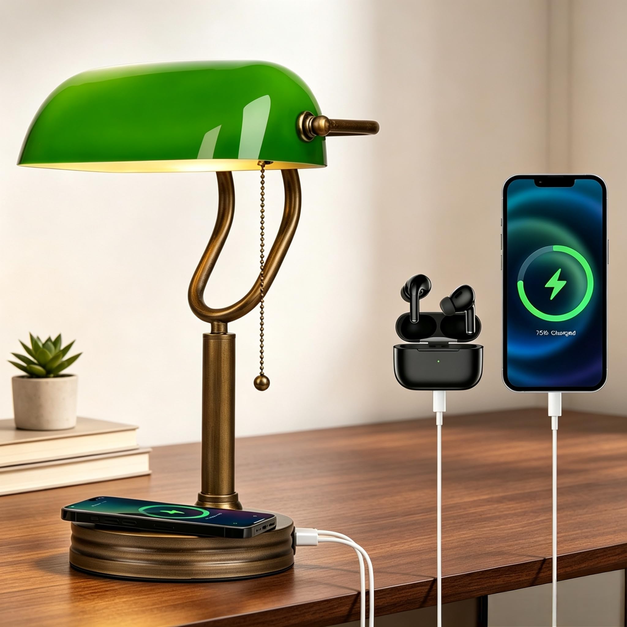 Banker-Tischlampe mit grünem Glasschirm, Retro-Stil mit USB-Anschluss und kabelloser Ladefunktion, messingfarbener Zugschalter, geeignet für Schlafzimmer, Arbeitszimmer und Büro