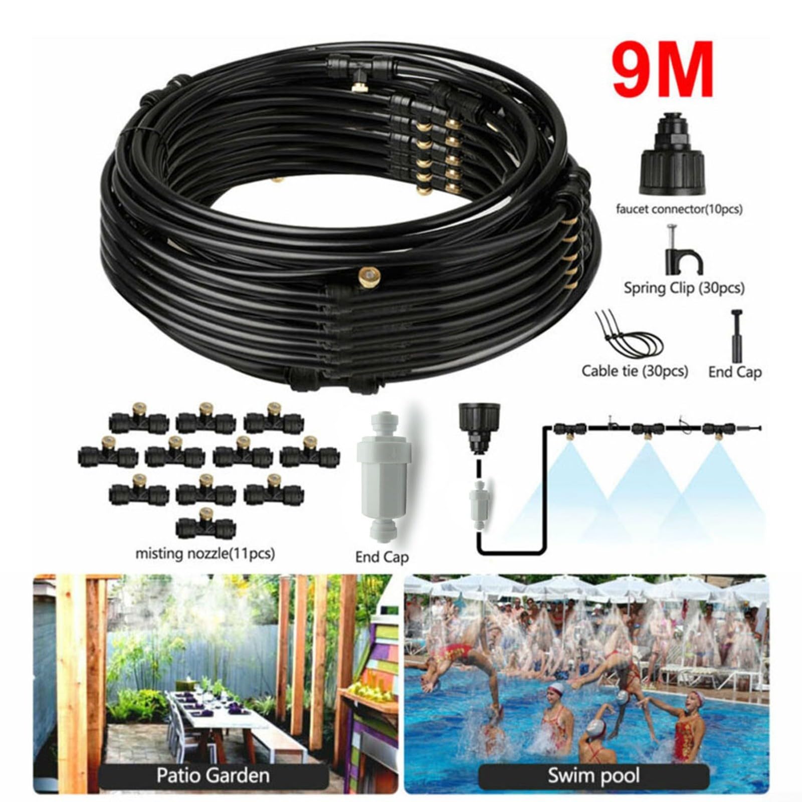 9M Nebelkühlsystem mit 11 Messingdüsen, Gartenbewässerungs-Set, für Terrasse, Gewächshaus, Luftkühlung