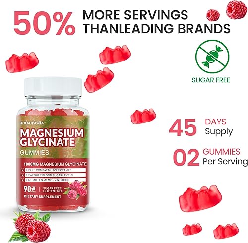 Miniatura 7 de Gomitas de glicinato de magnesio de 1000 mg, suplementos de magnesio y potasio masticables para adultos con L-treonato para dormir, apoyo corporal y