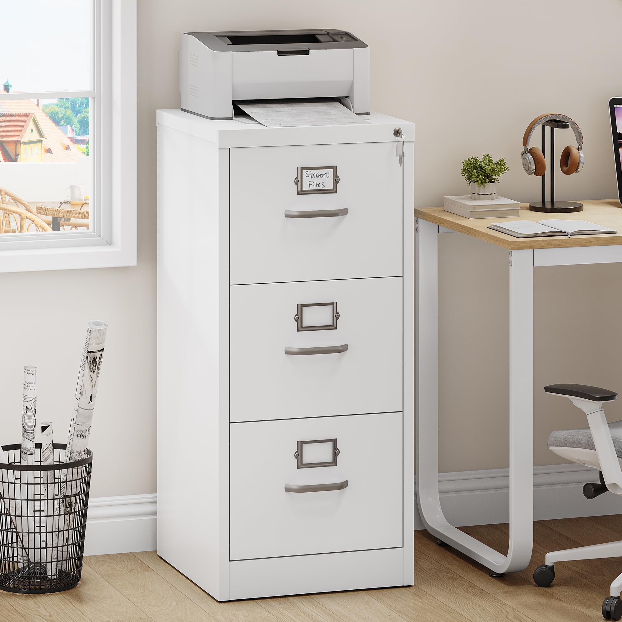 YITAHOME Aktenschrank Abschließbar, Metall Aktenschränke mit 3 Schubladen für A4, Legal, Letter, Anti-Kippen Büroschrank mit Cue-Kartenschlitz für Home-Office, Weiß, 45.8 x 45 x 103cm
