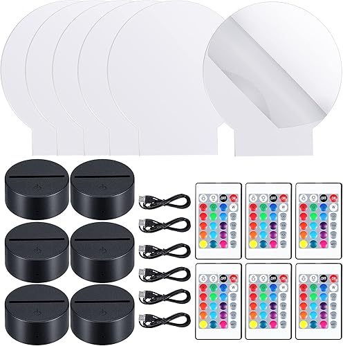 Miniatura 1 de Honoson Juego de 6 juegos de luces LED nocturnas 3D, base de lámpara de acrílico transparente, controles remotos y cables de carga USB para