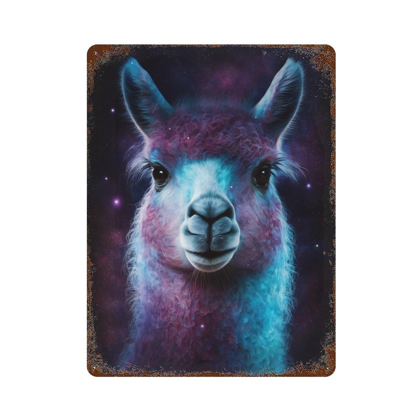 Rust Effect Cosmic Llama Art Print-2 Retro Metal Sign 15.7"x11.8", Novelty Wall Decor for Bistro, Counter And Cafe Decor