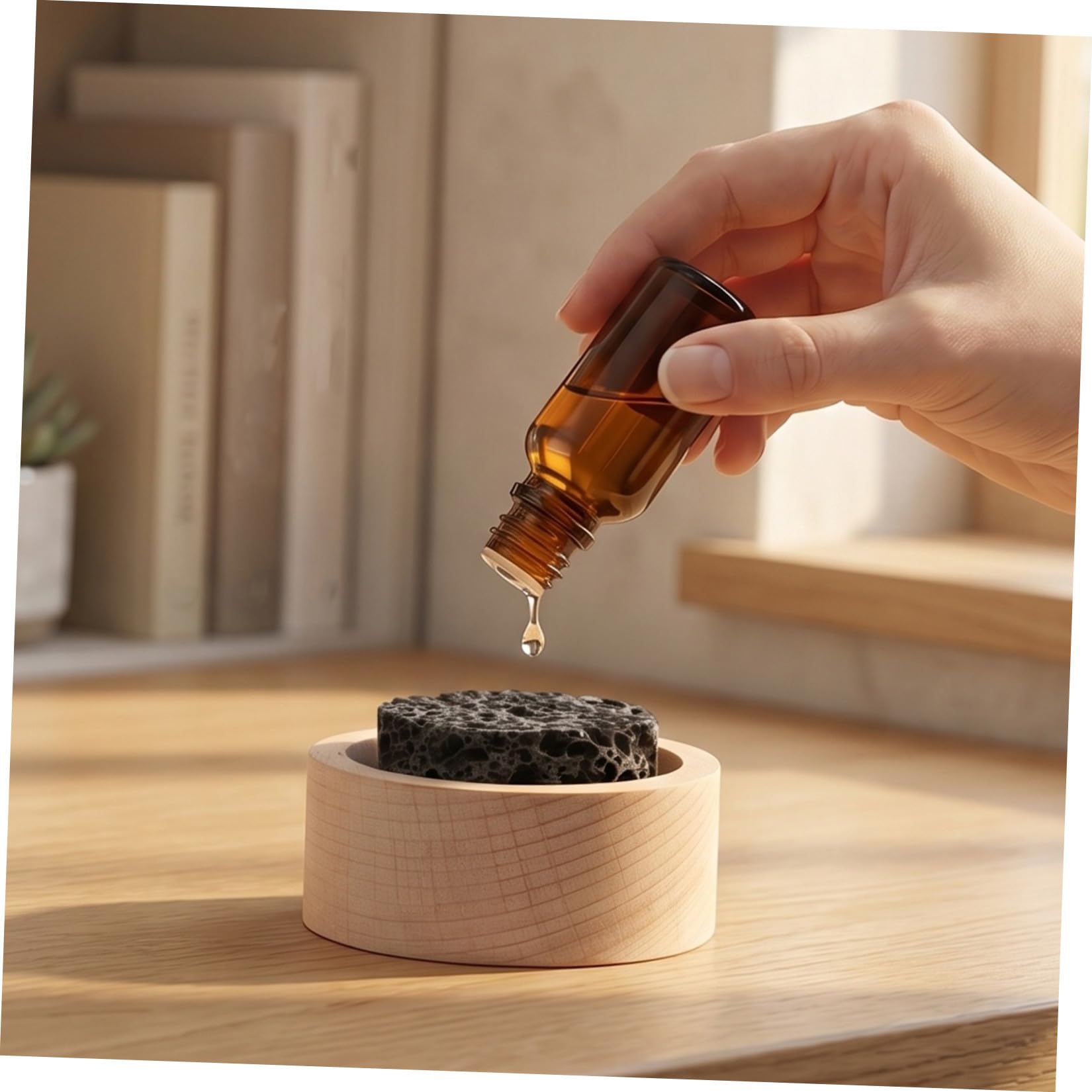 Sewroro 4 Piezas Difusor Pasivo de Piedra Volcánica para Aceites Esenciales, Diseño Redondo de Madera y Piedra Volcánica, Antideslizante, Adecuado para Habitaciones y Hoteles