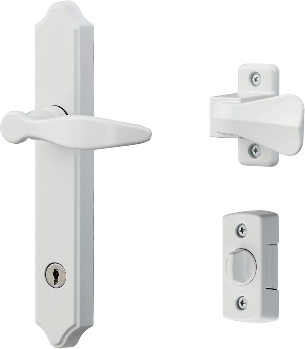 Ideal Security 1216 Manija de puerta Storm de montaje en superficie con cerradura y llave para puertas de 1 – 1 ½ pulgadas de grosor (blanco, 4 postes)
